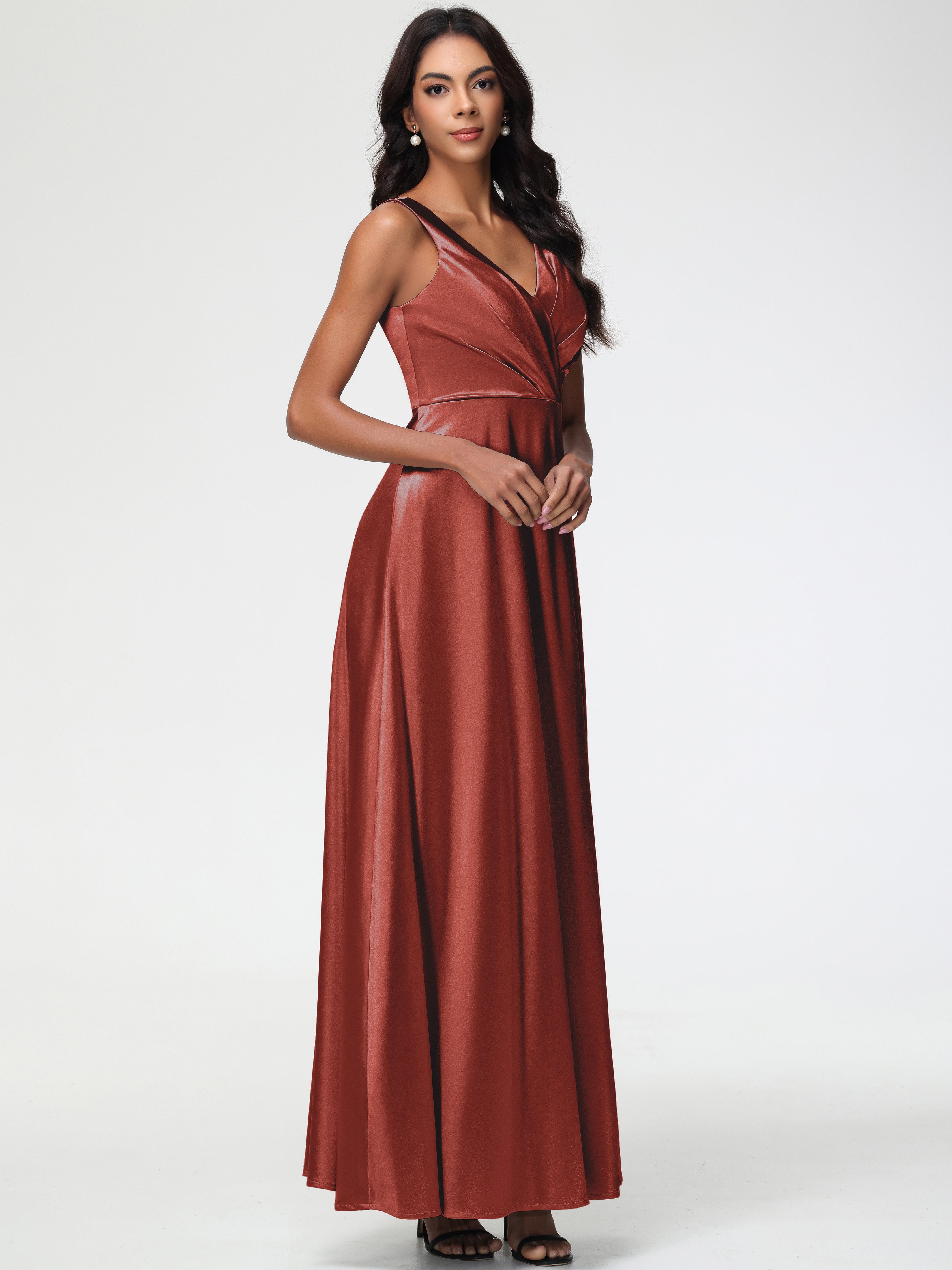 Robe Demoiselle D Honneur Couleur Rouille Col V Bretelles épaisses Trapèze Satin Extensible Fendue Robe De Demoiselle D'Honneur