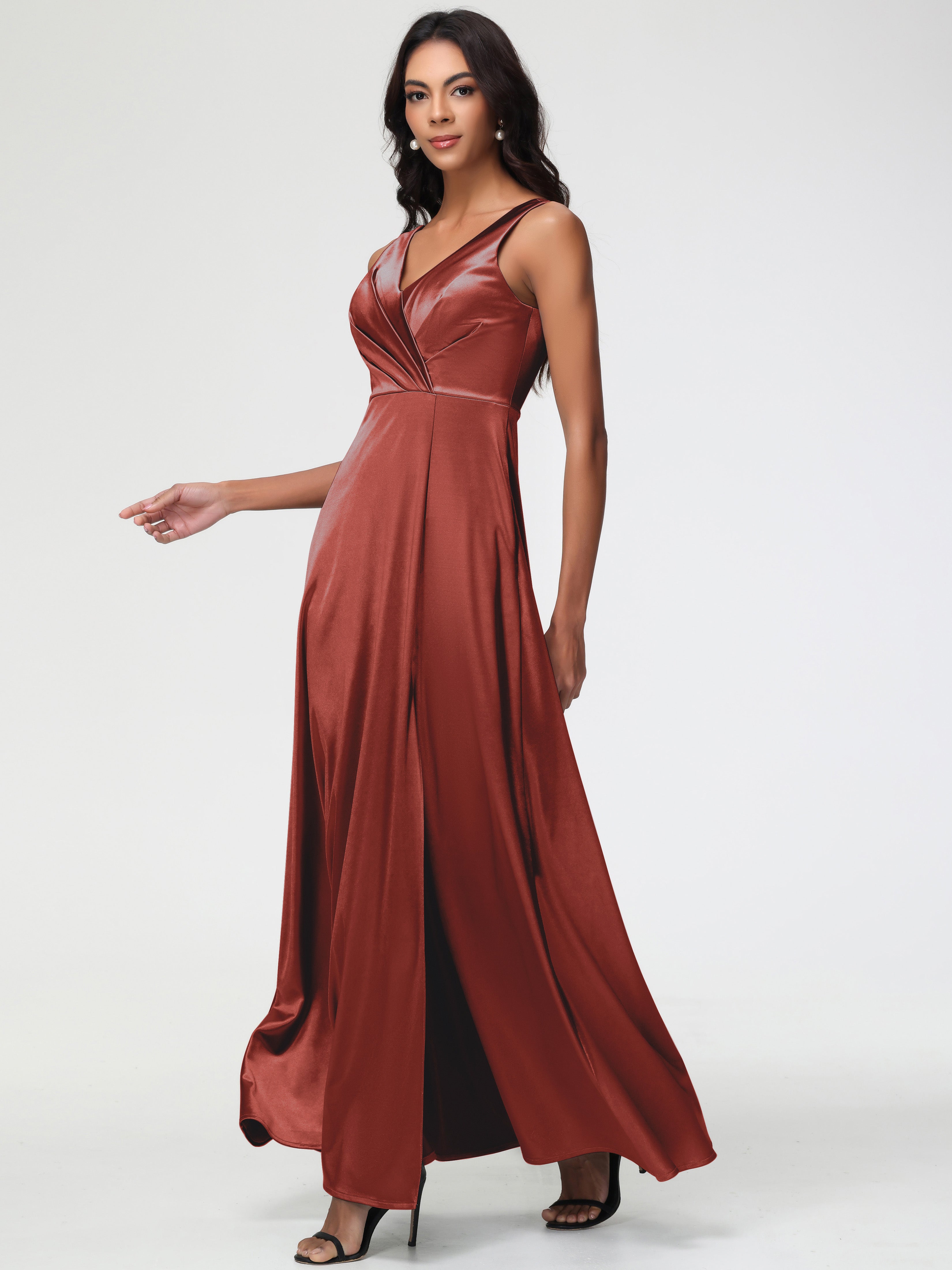 Robe Demoiselle D Honneur Couleur Rouille Col V Bretelles épaisses Trapèze Satin Extensible Fendue Robe De Demoiselle D'Honneur
