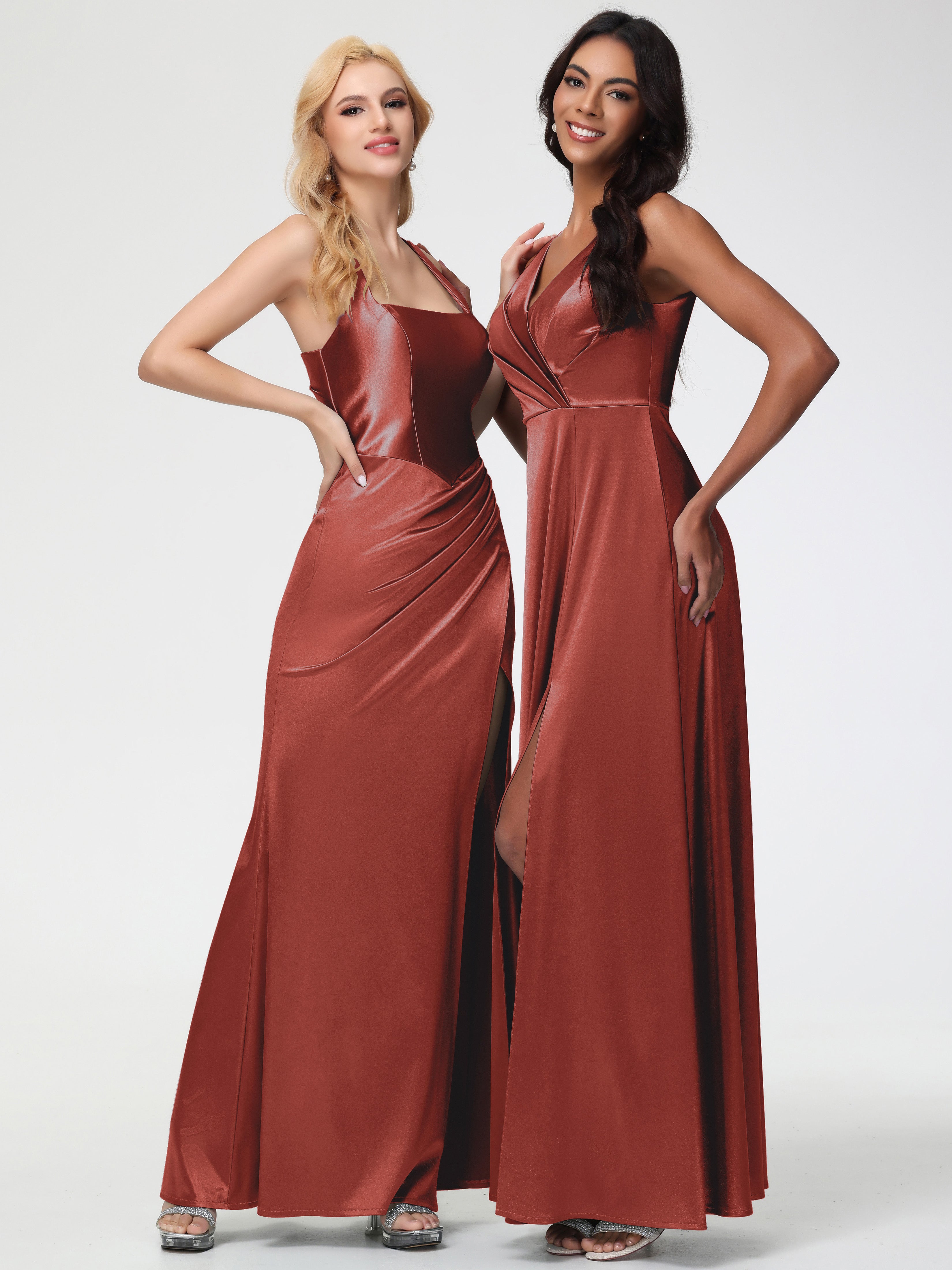 Robe Demoiselle D Honneur Couleur Rouille Col V Bretelles épaisses Trapèze Satin Extensible Fendue Robe De Demoiselle D'Honneur