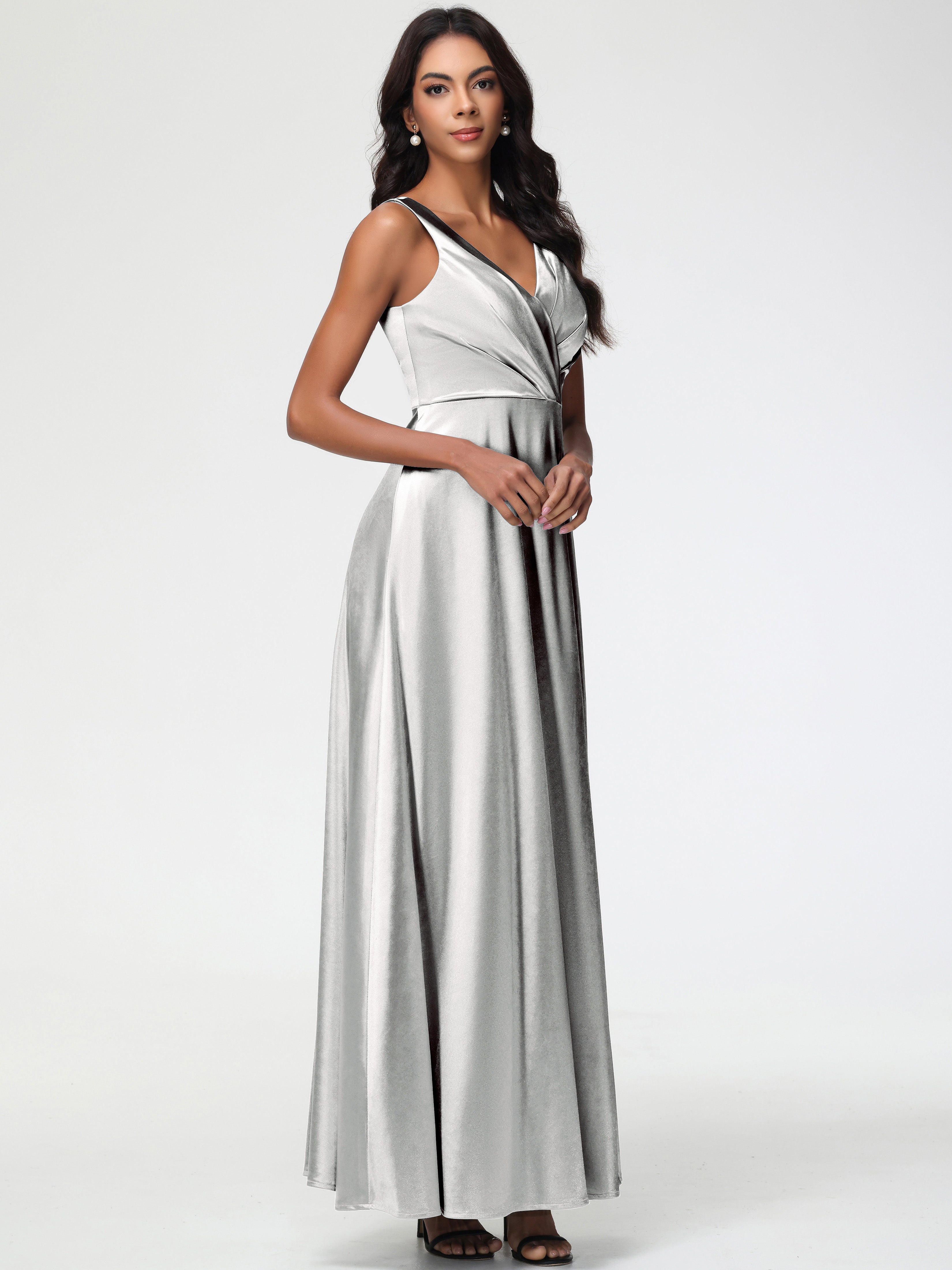 Robe Demoiselle D Honneur Argentée Col V Bretelles épaisses Trapèze Satin Extensible Fendue Robe De Demoiselle D'Honneur