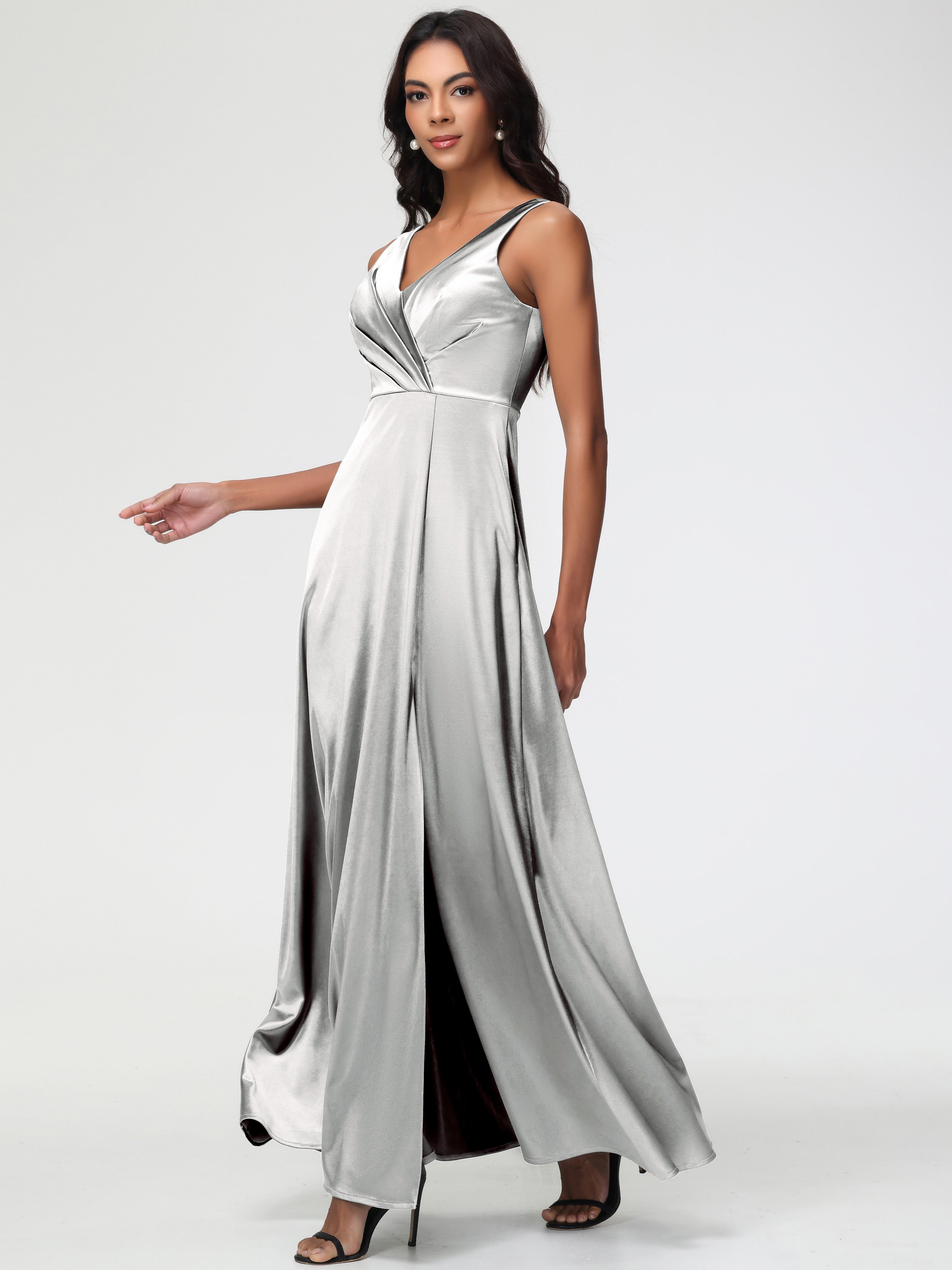 Robe Demoiselle D Honneur Argentée Col V Bretelles épaisses Trapèze Satin Extensible Fendue Robe De Demoiselle D'Honneur