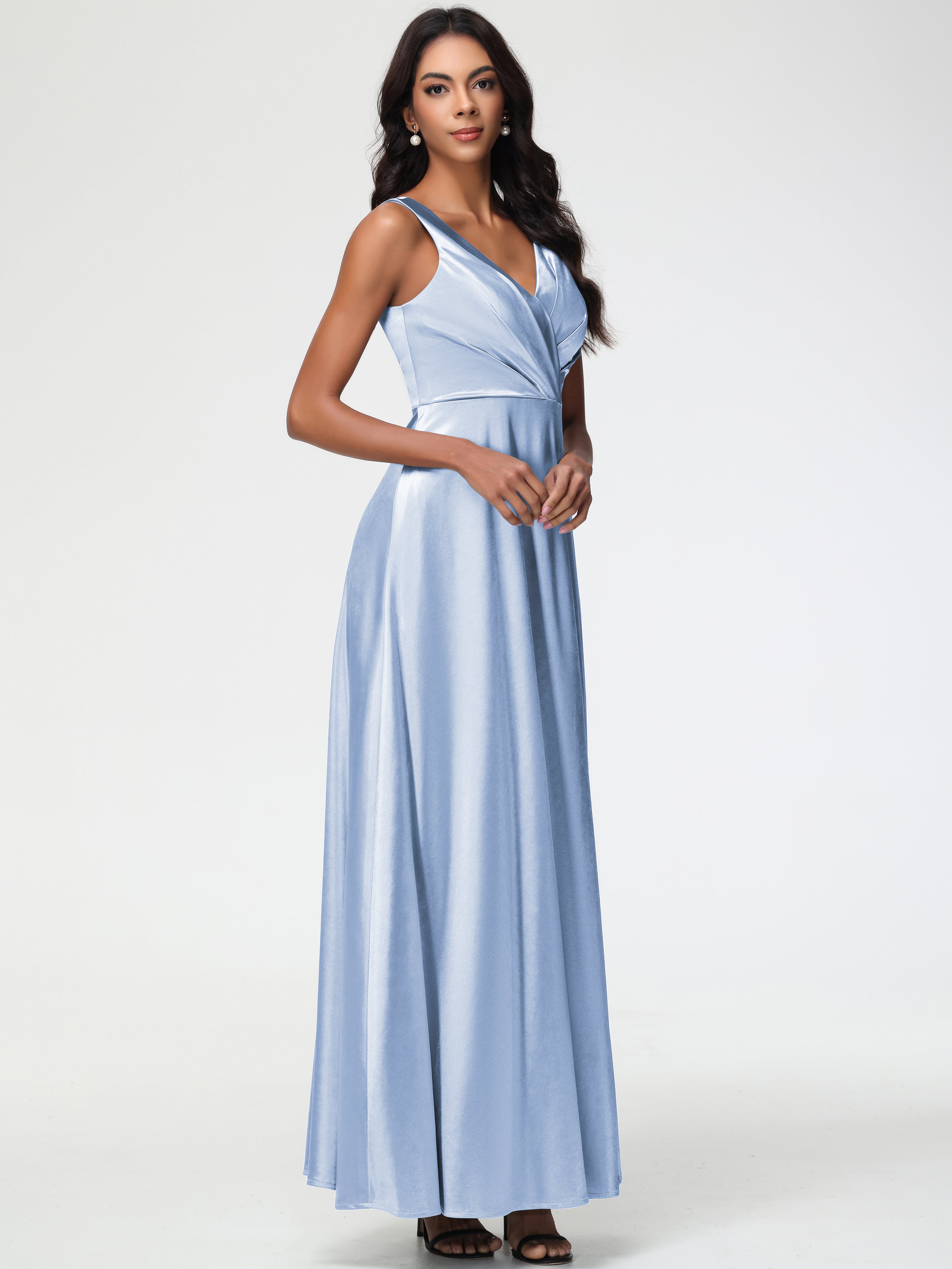 Robe Demoiselle D Honneur Bleu Ciel Col V Bretelles épaisses Trapèze Satin Extensible Fendue Robe De Demoiselle D'Honneur