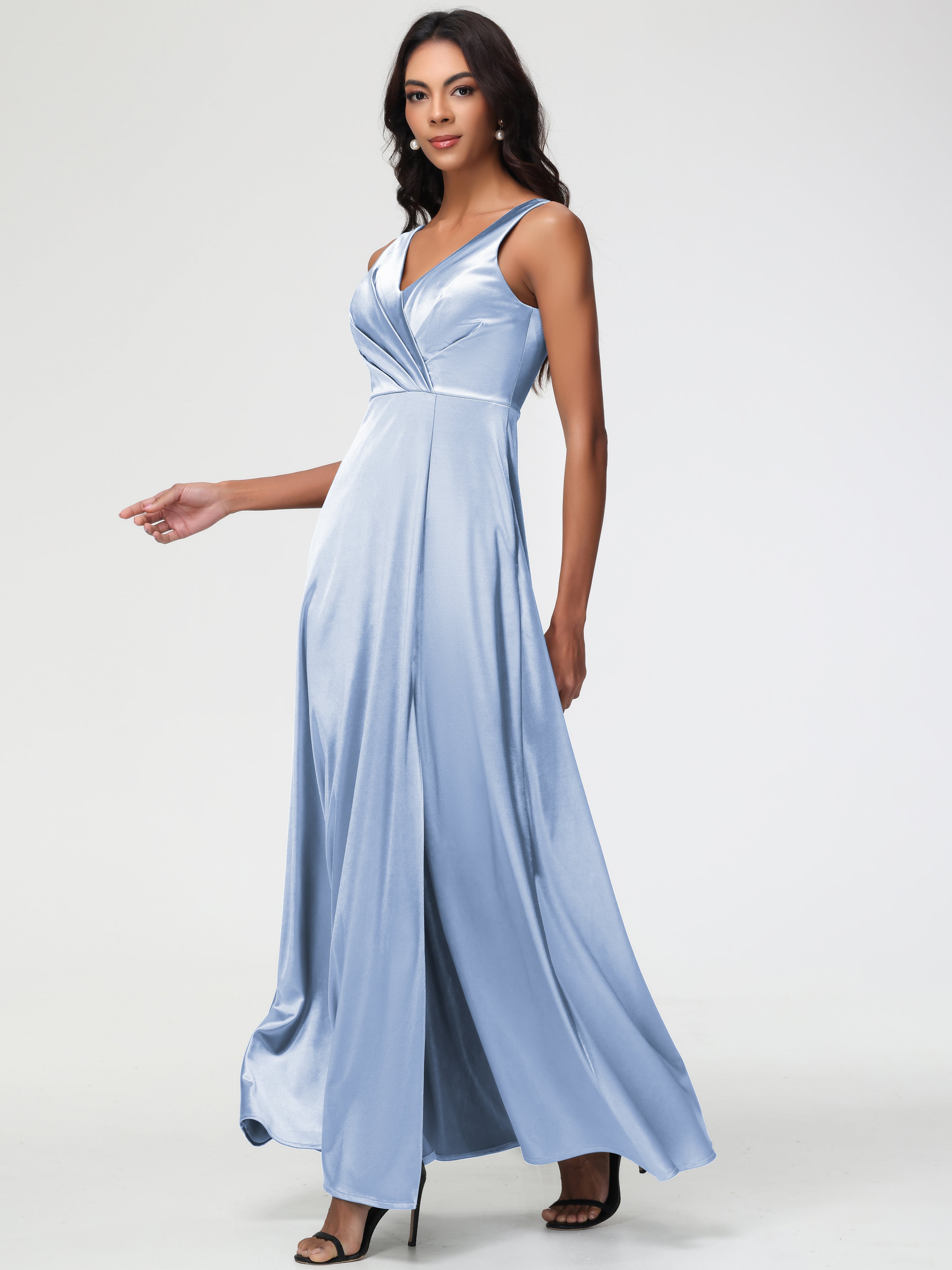 Robe Demoiselle D Honneur Bleu Ciel Col V Bretelles épaisses Trapèze Satin Extensible Fendue Robe De Demoiselle D'Honneur