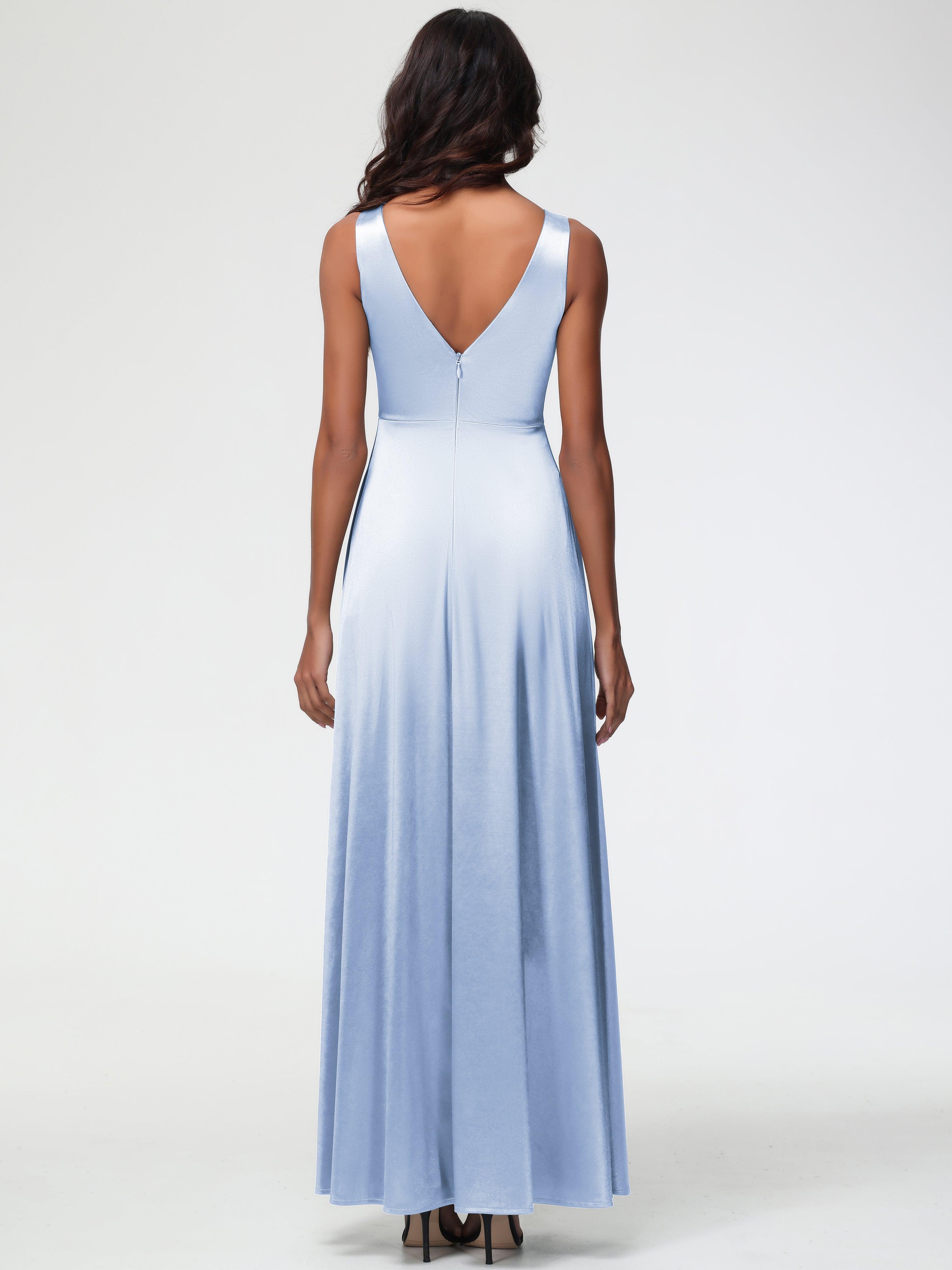 Robe Demoiselle D Honneur Bleu Ciel Col V Bretelles épaisses Trapèze Satin Extensible Fendue Robe De Demoiselle D'Honneur