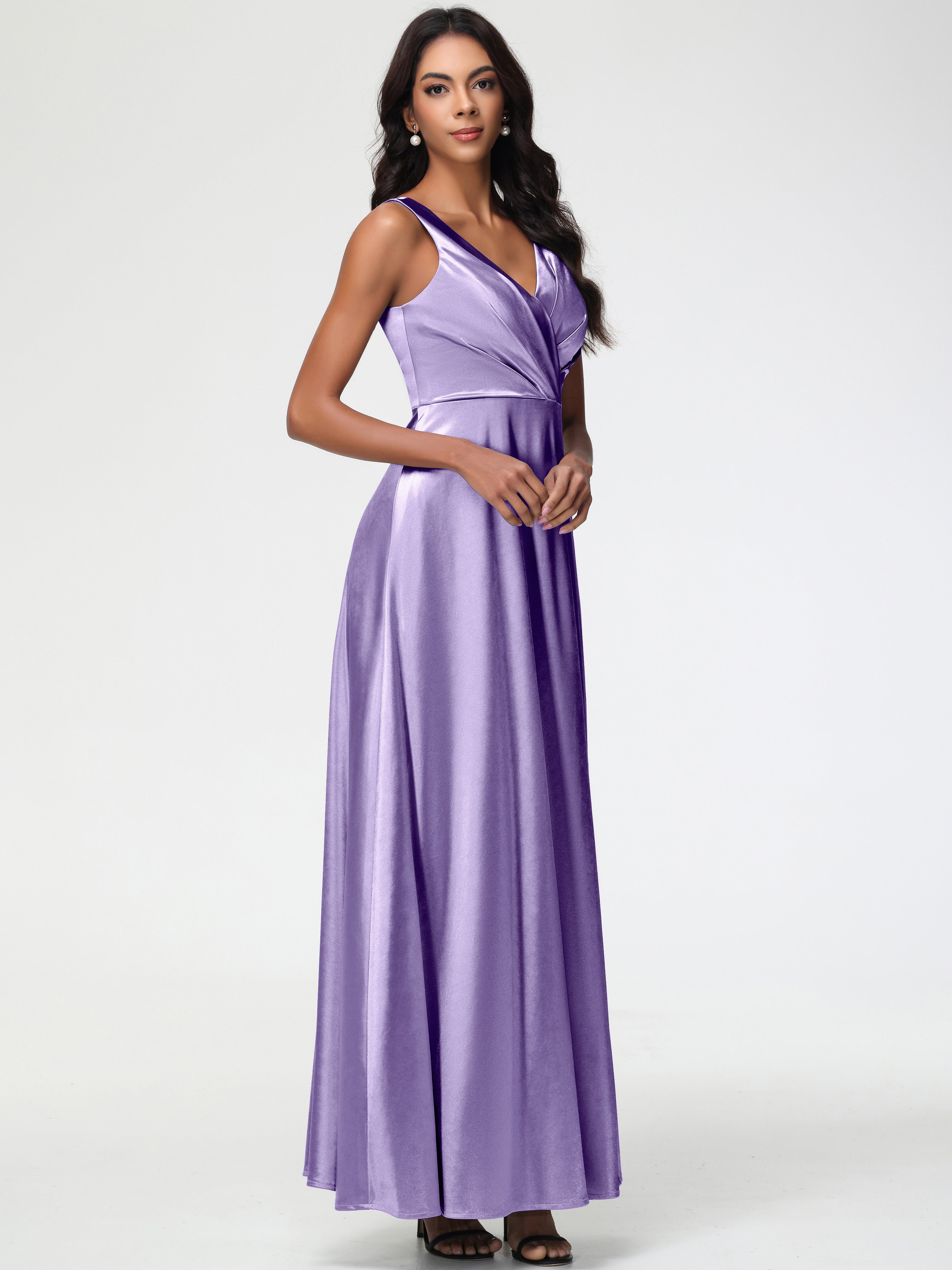 Robes De Demoiselle D'Honneur Tahiti Col V Bretelles épaisses Trapèze Satin Extensible Fendue