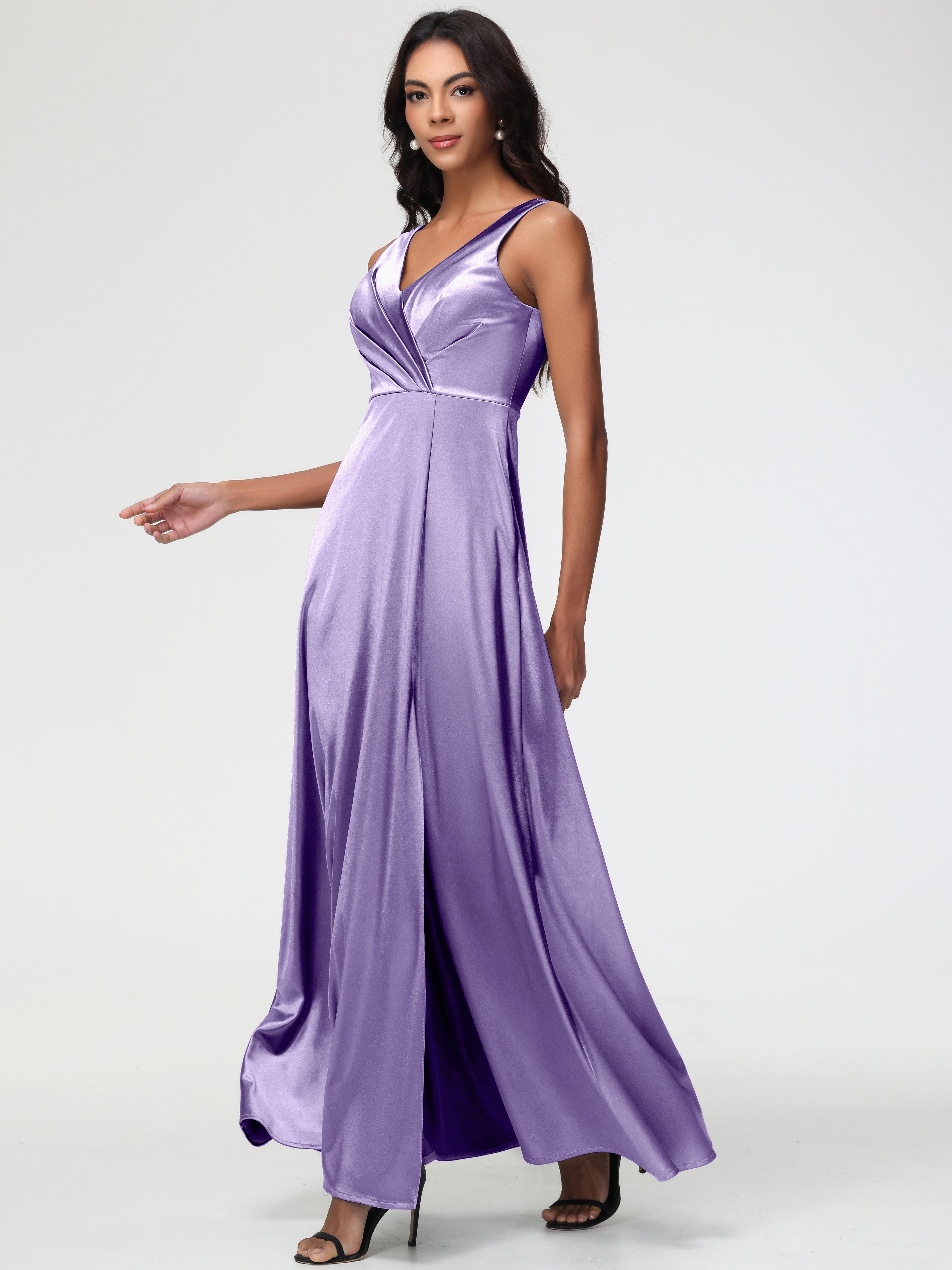 Robes De Demoiselle D'Honneur Tahiti Col V Bretelles épaisses Trapèze Satin Extensible Fendue