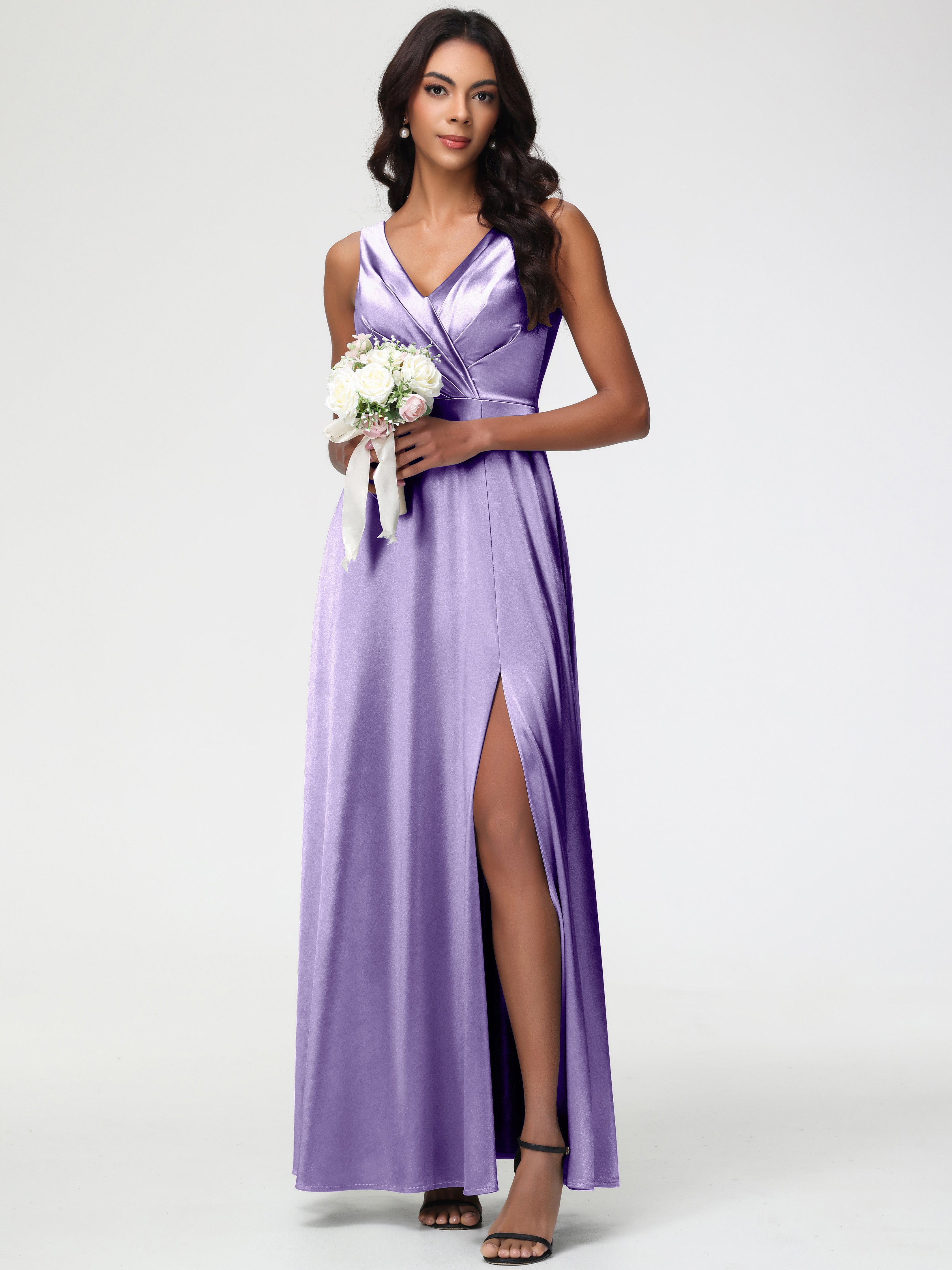 Robes De Demoiselle D'Honneur Tahiti Col V Bretelles épaisses Trapèze Satin Extensible Fendue