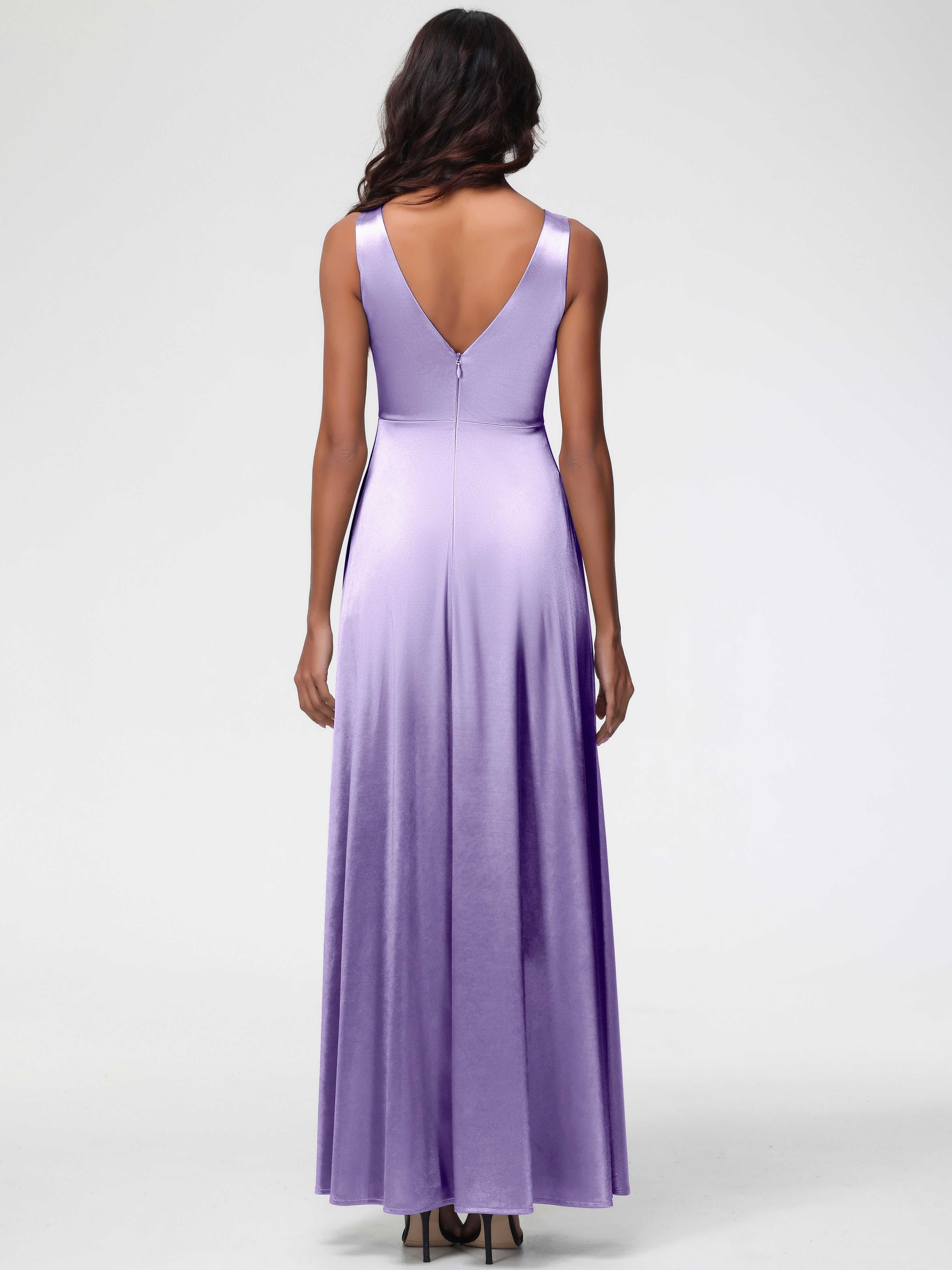 Robes De Demoiselle D'Honneur Tahiti Col V Bretelles épaisses Trapèze Satin Extensible Fendue