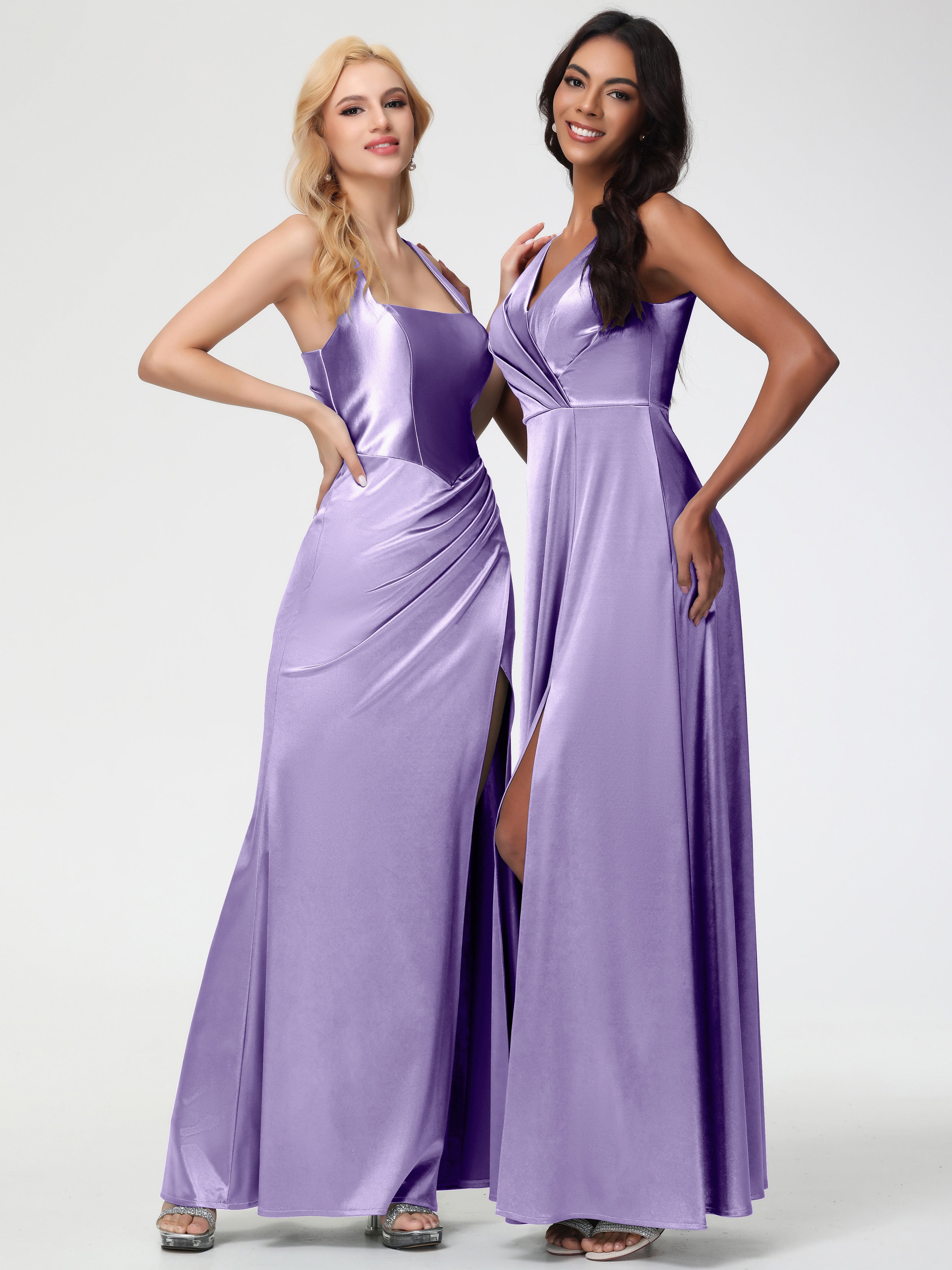 Robes De Demoiselle D'Honneur Tahiti Col V Bretelles épaisses Trapèze Satin Extensible Fendue