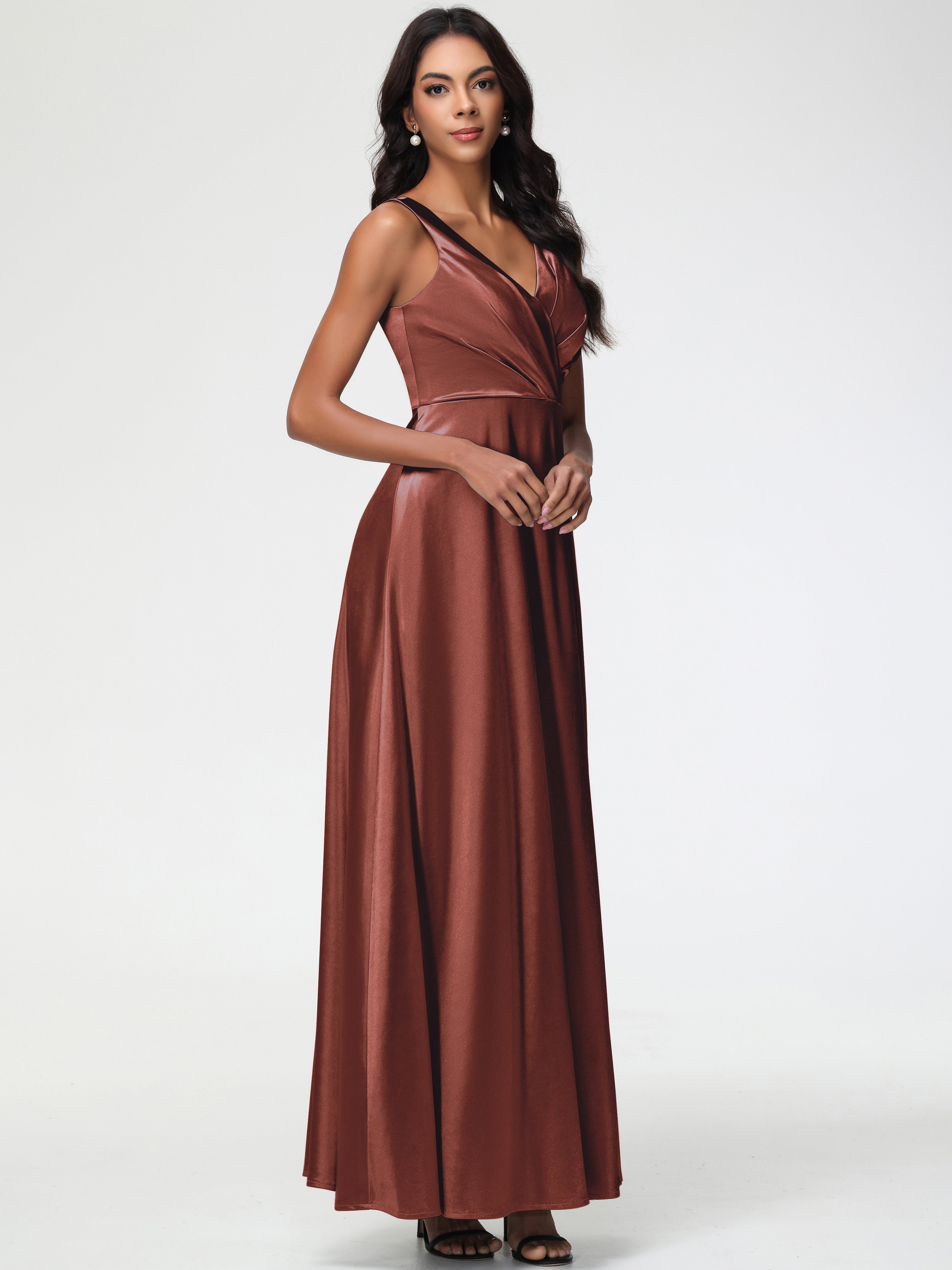 Demoiselle Robe Terracotta Mariage Col V Bretelles épaisses Trapèze Satin Extensible Fendue