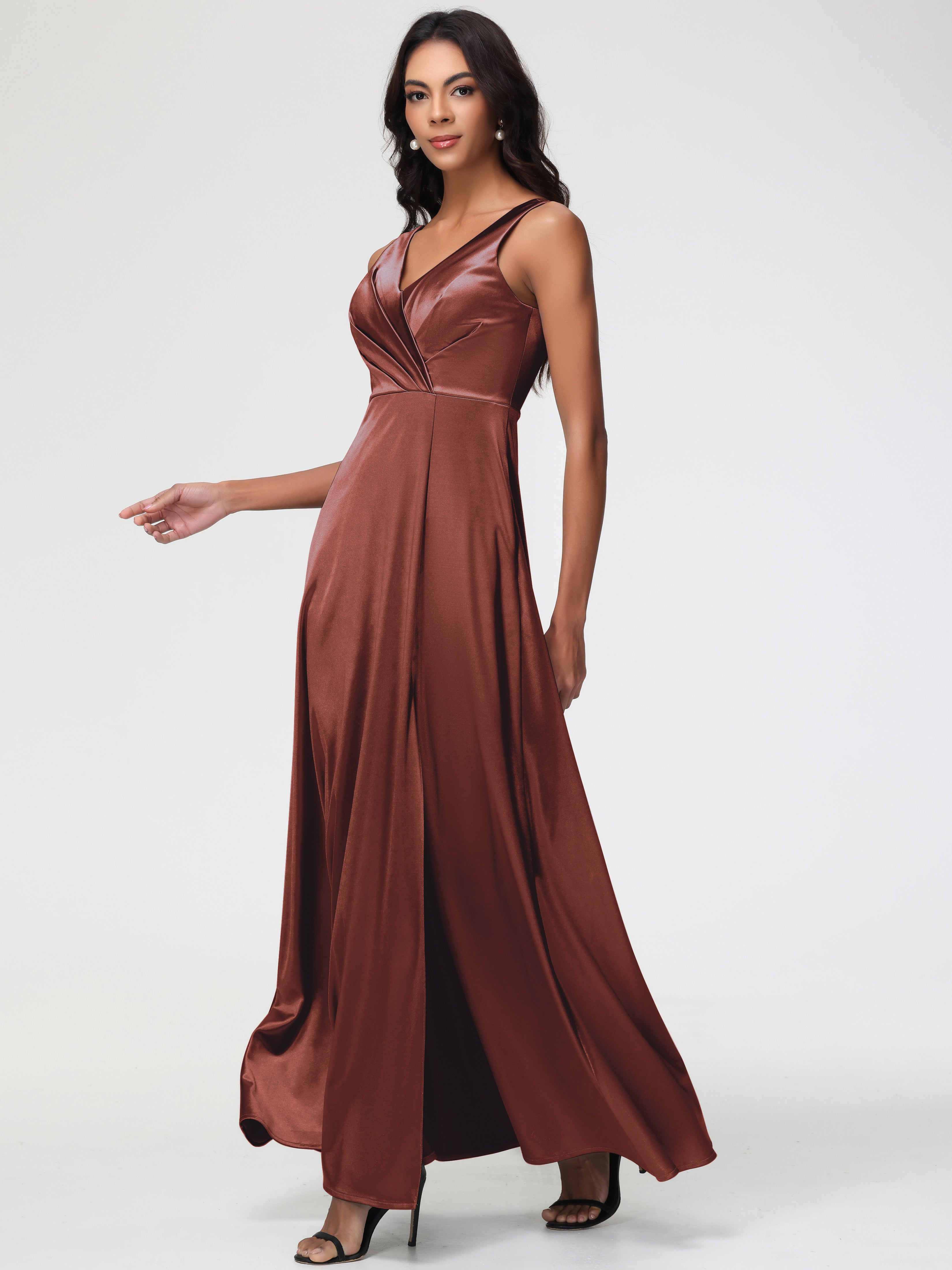 Demoiselle Robe Terracotta Mariage Col V Bretelles épaisses Trapèze Satin Extensible Fendue