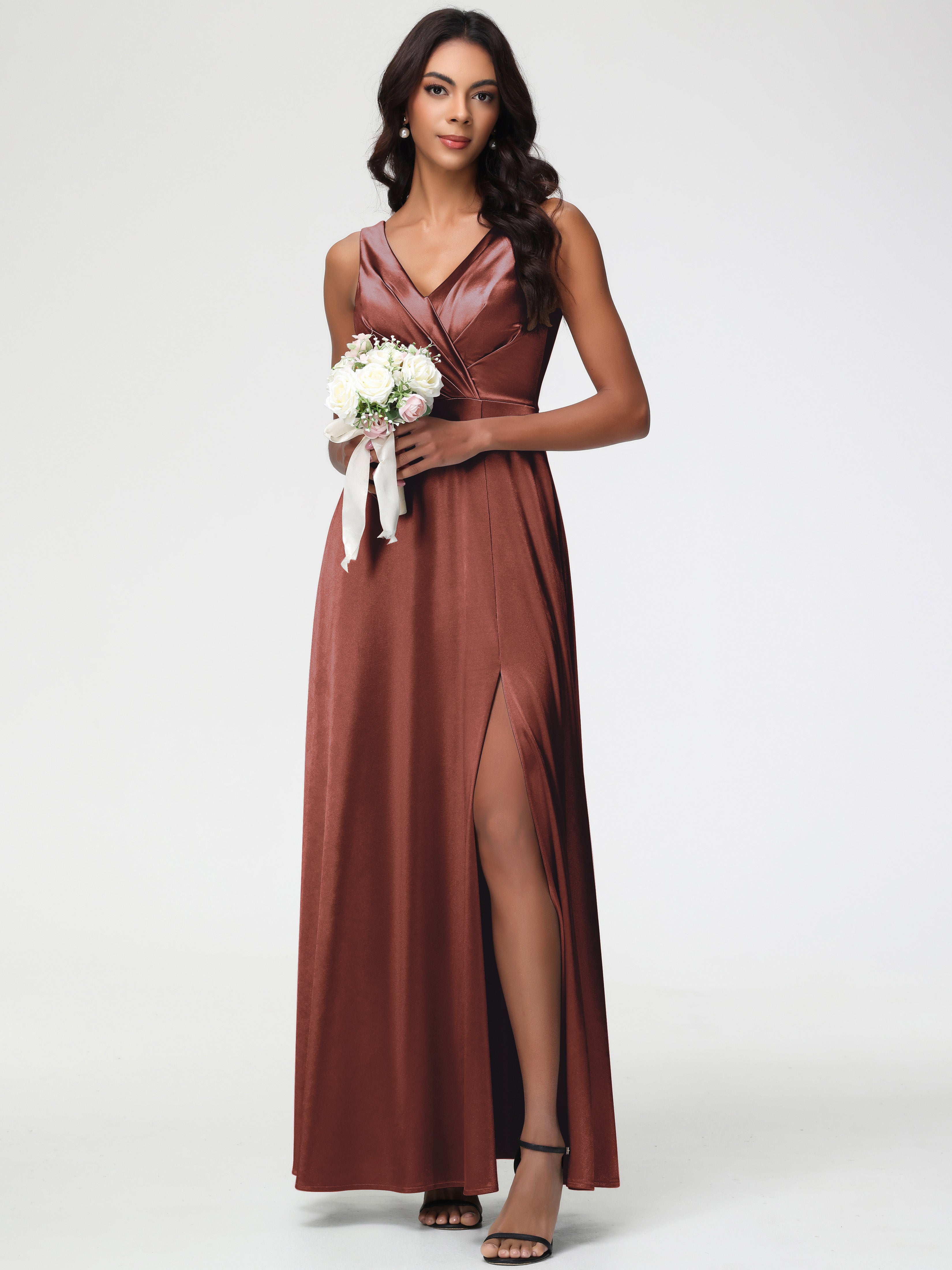 Demoiselle Robe Terracotta Mariage Col V Bretelles épaisses Trapèze Satin Extensible Fendue