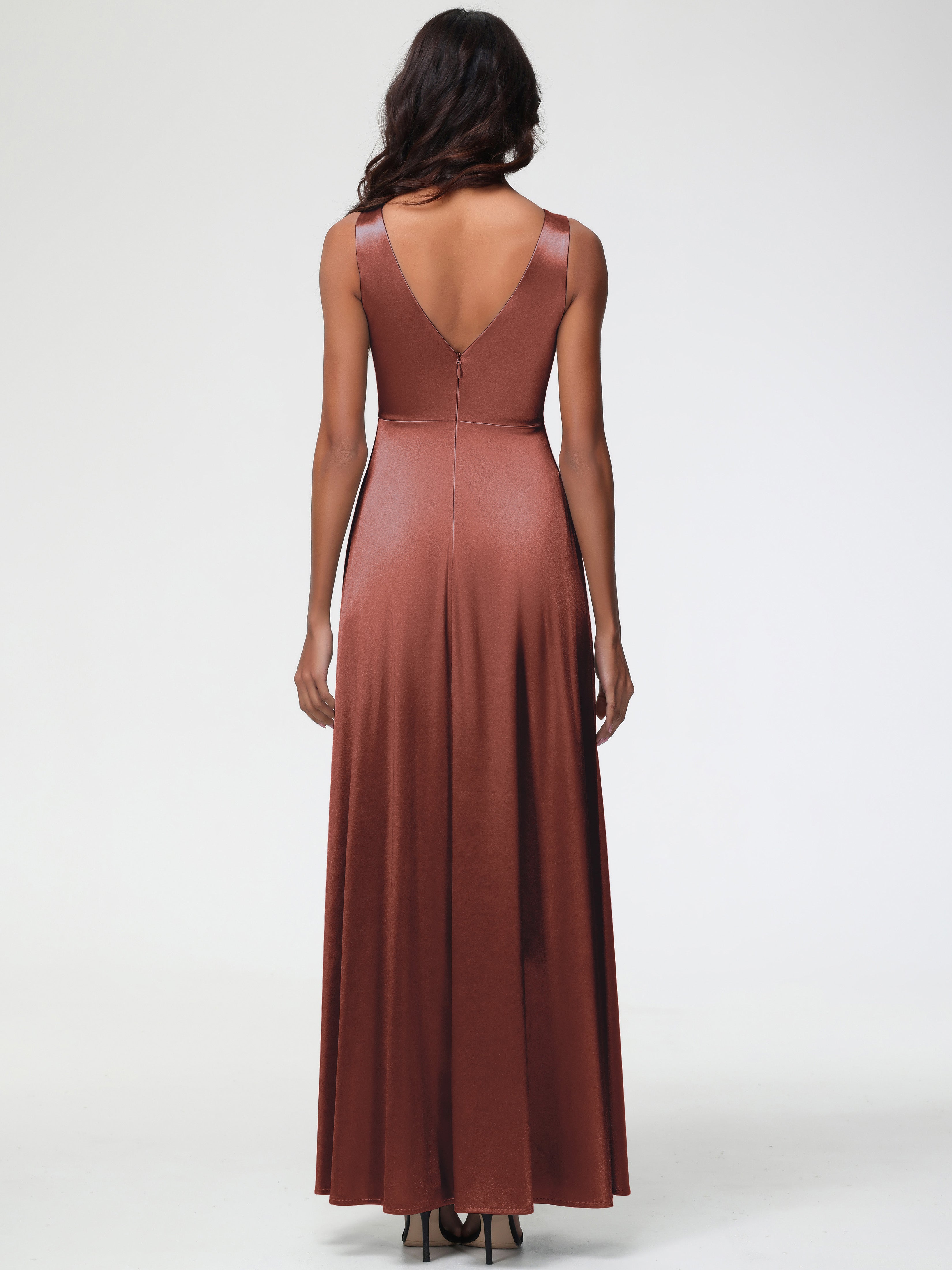 Demoiselle Robe Terracotta Mariage Col V Bretelles épaisses Trapèze Satin Extensible Fendue