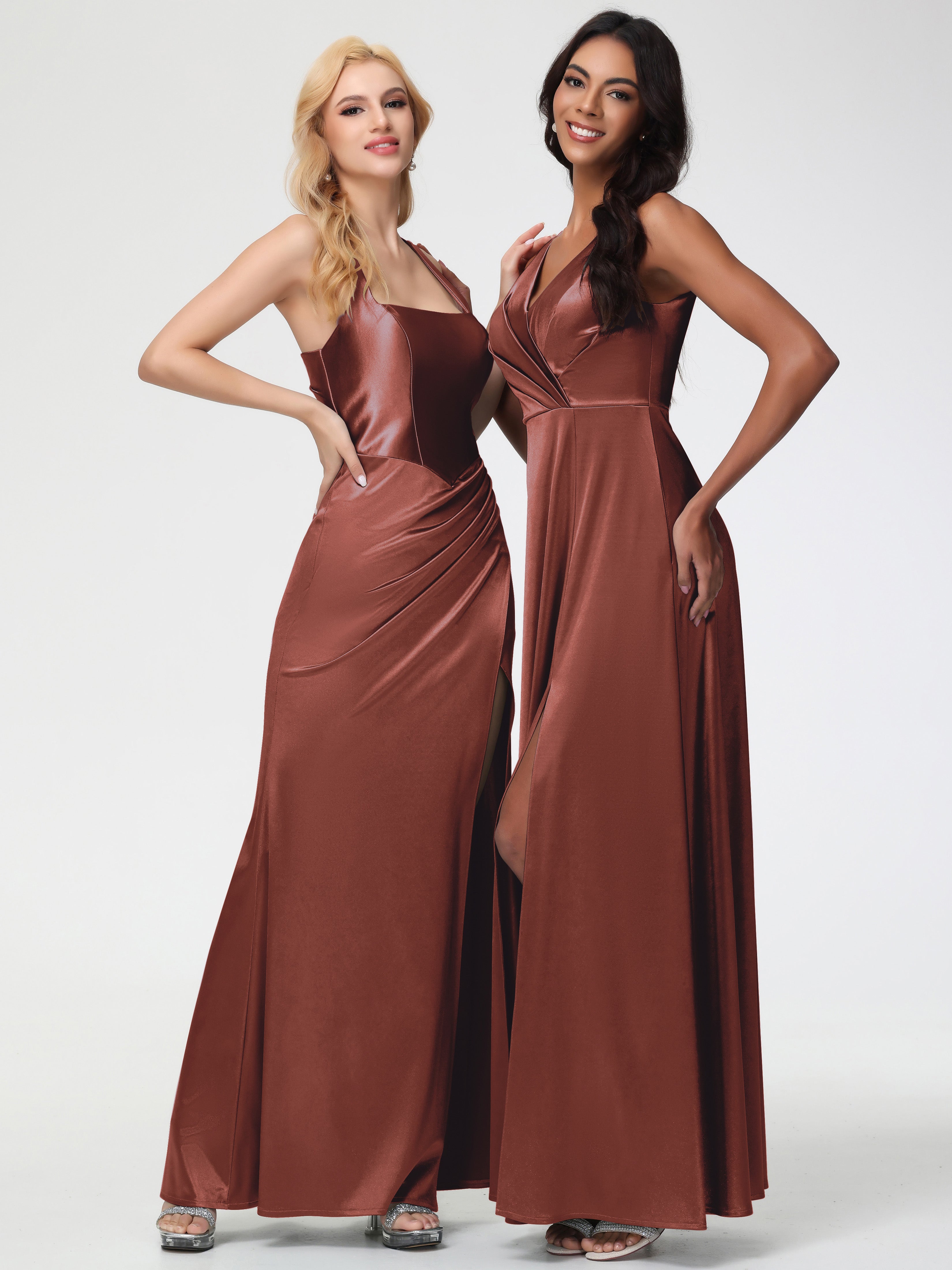 Demoiselle Robe Terracotta Mariage Col V Bretelles épaisses Trapèze Satin Extensible Fendue