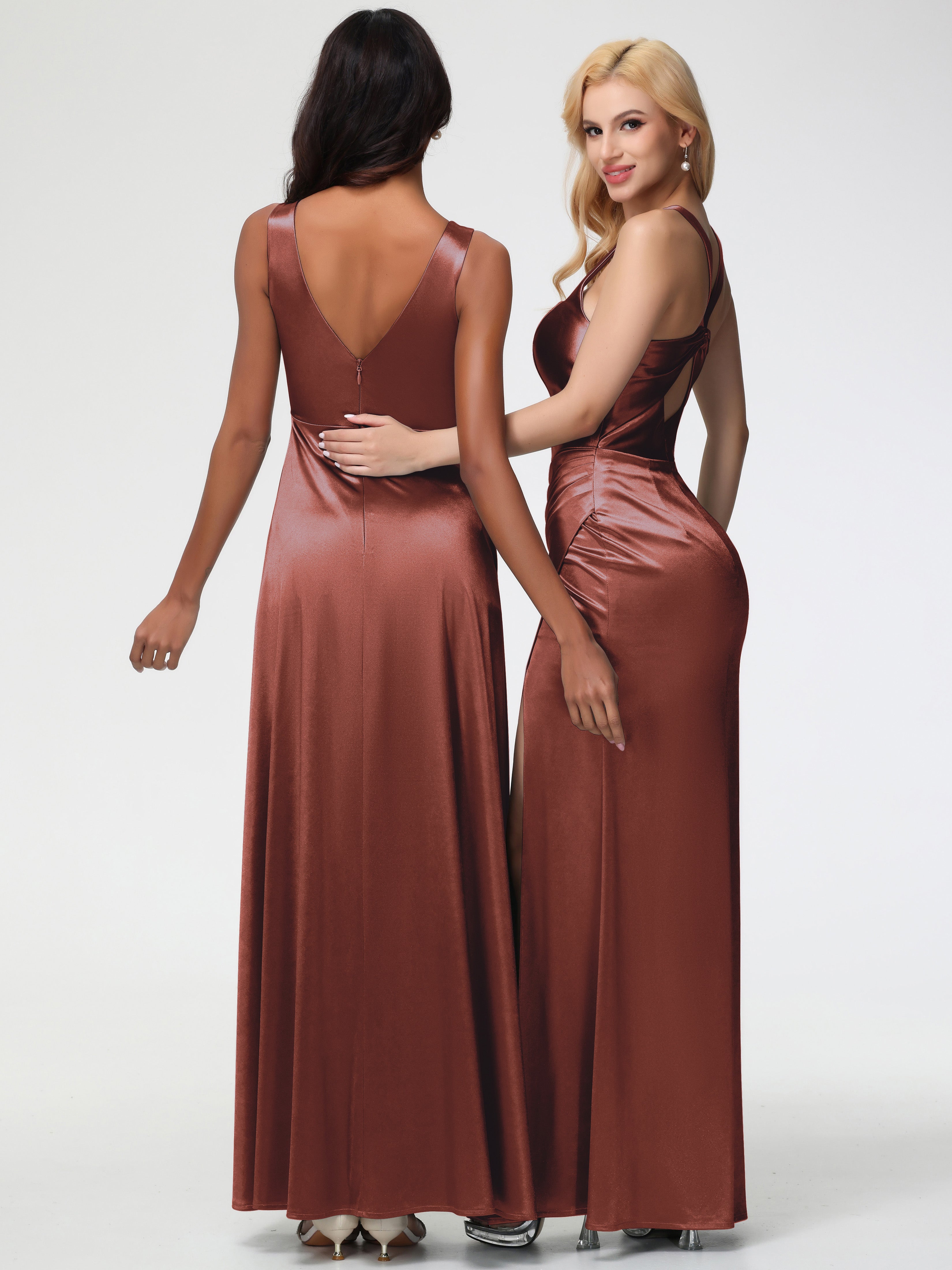 Demoiselle Robe Terracotta Mariage Col V Bretelles épaisses Trapèze Satin Extensible Fendue