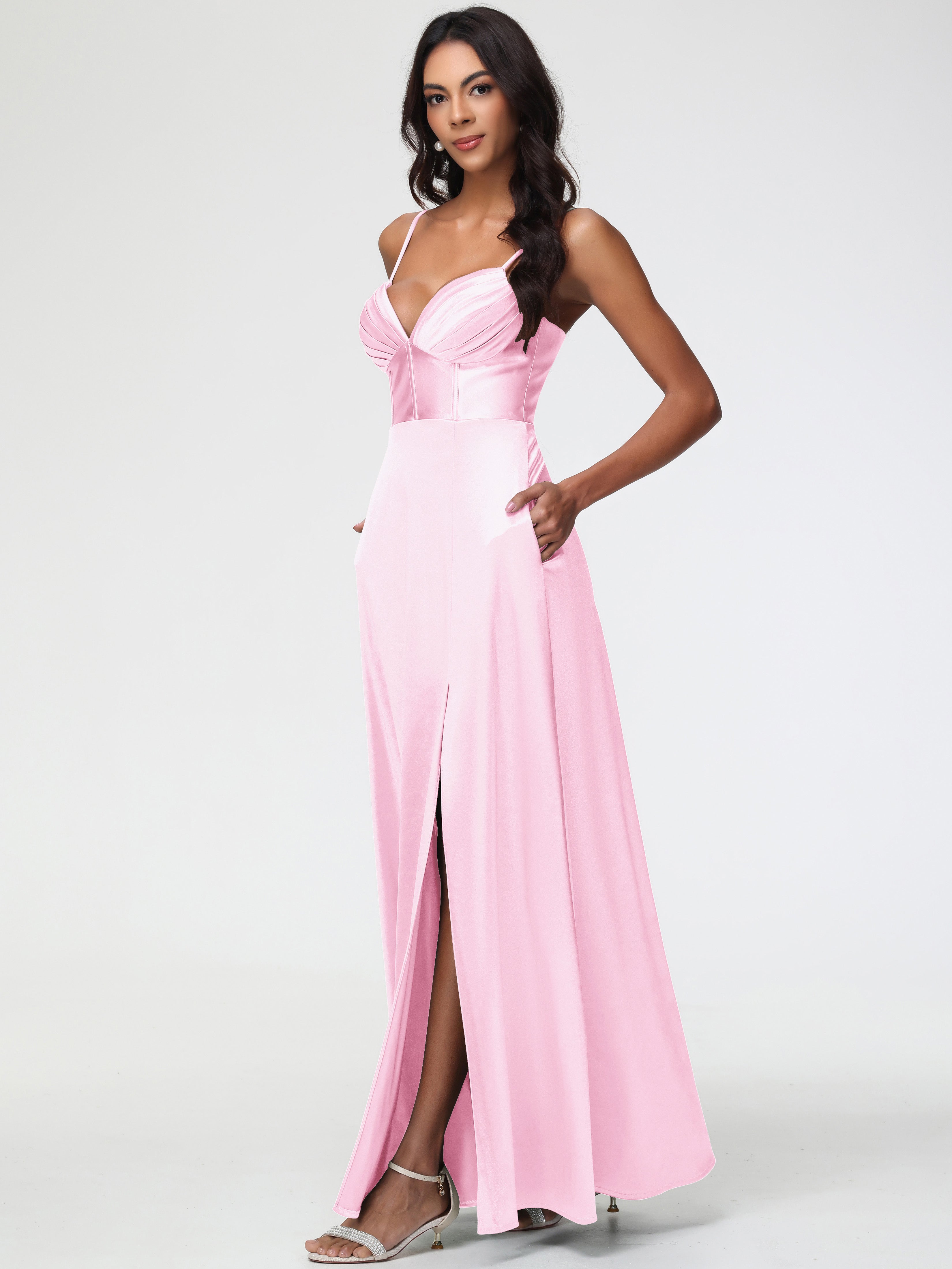 Robes Demoiselle D Honneur Rose Pale Bretelles Spaghetti Trapèze Satin Extensible Fendue Robe De Demoiselle D'Honneur