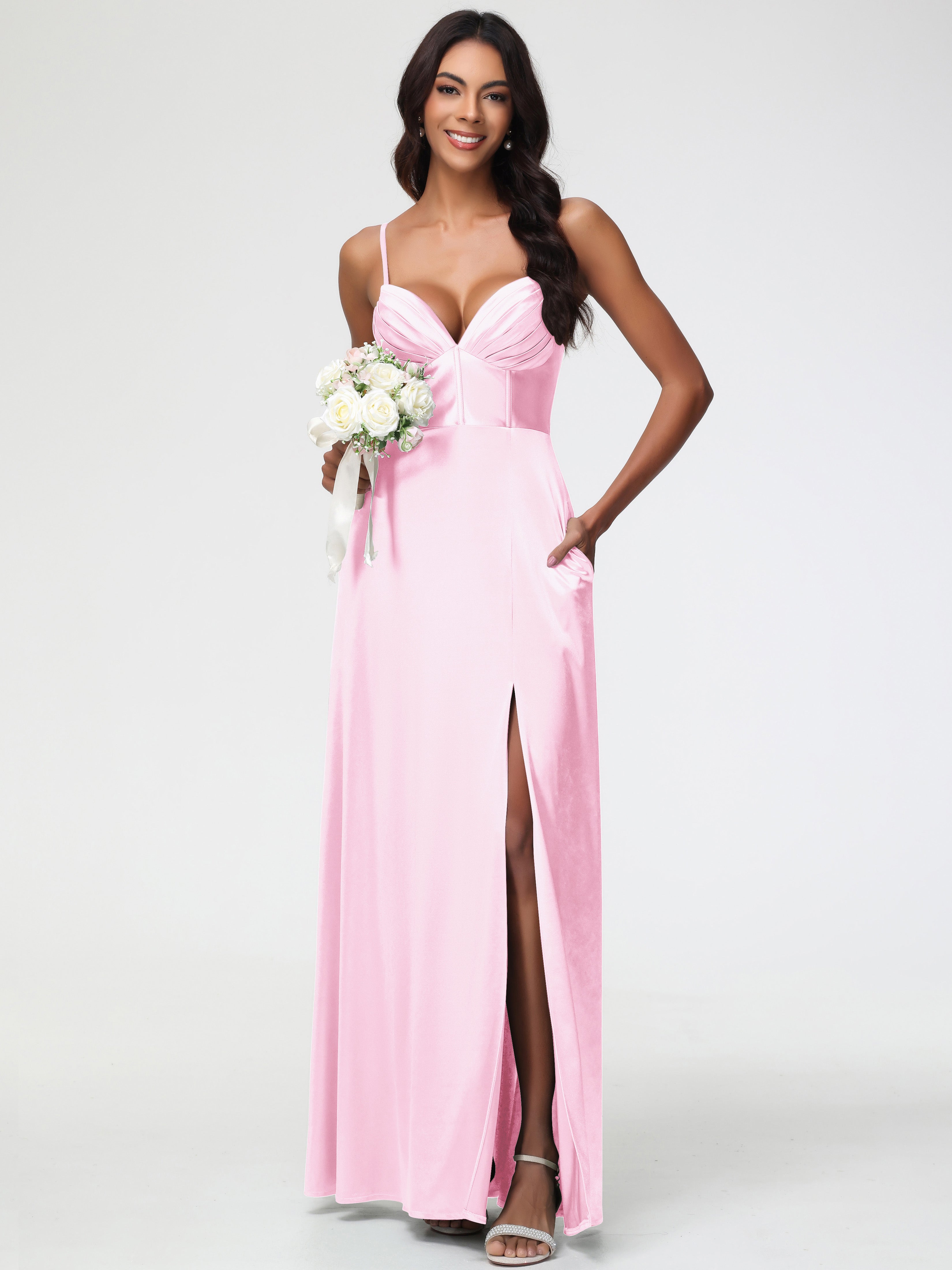 Robes Demoiselle D Honneur Rose Pale Bretelles Spaghetti Trapèze Satin Extensible Fendue Robe De Demoiselle D'Honneur