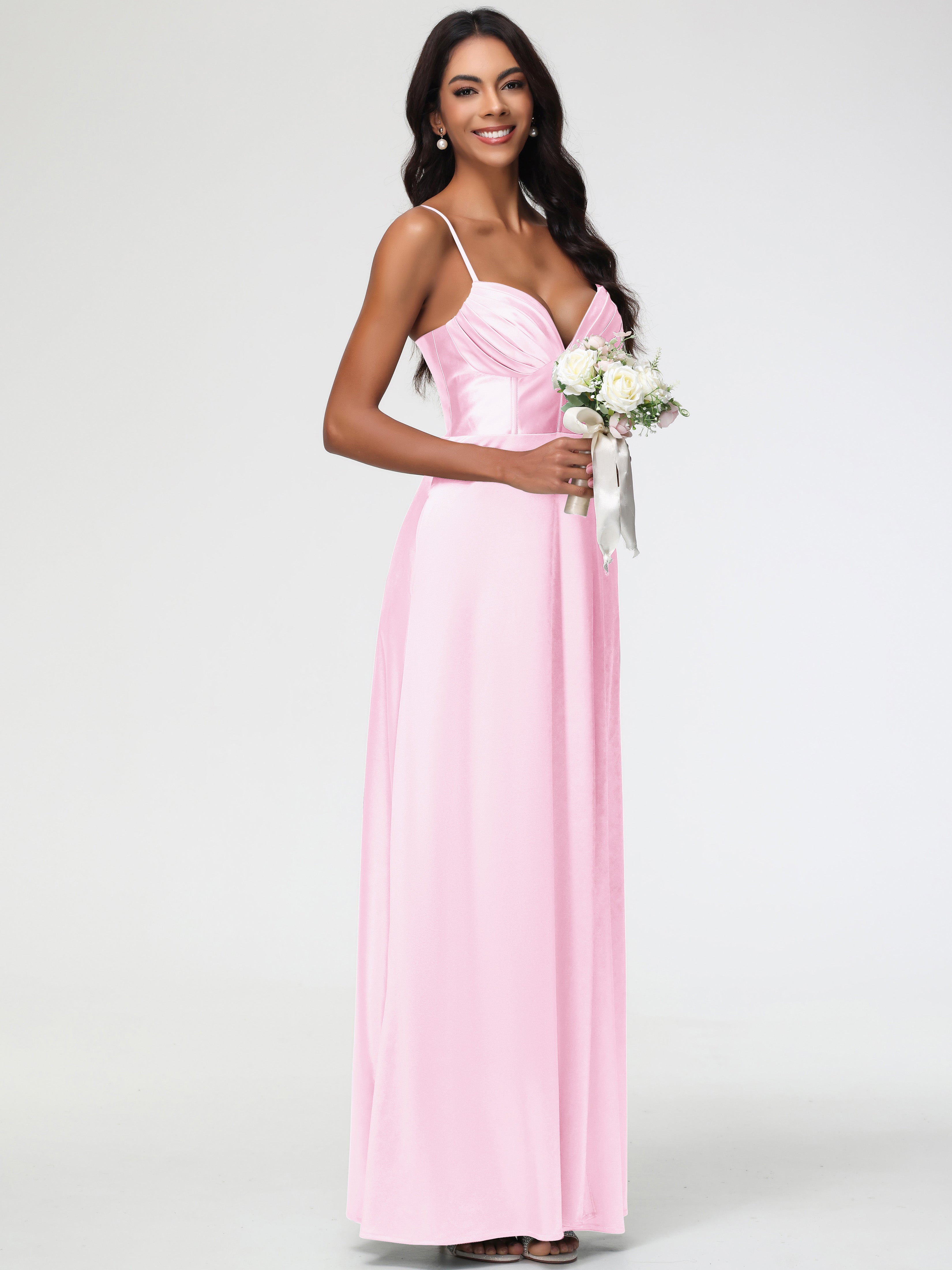 Robes Demoiselle D Honneur Rose Pale Bretelles Spaghetti Trapèze Satin Extensible Fendue Robe De Demoiselle D'Honneur