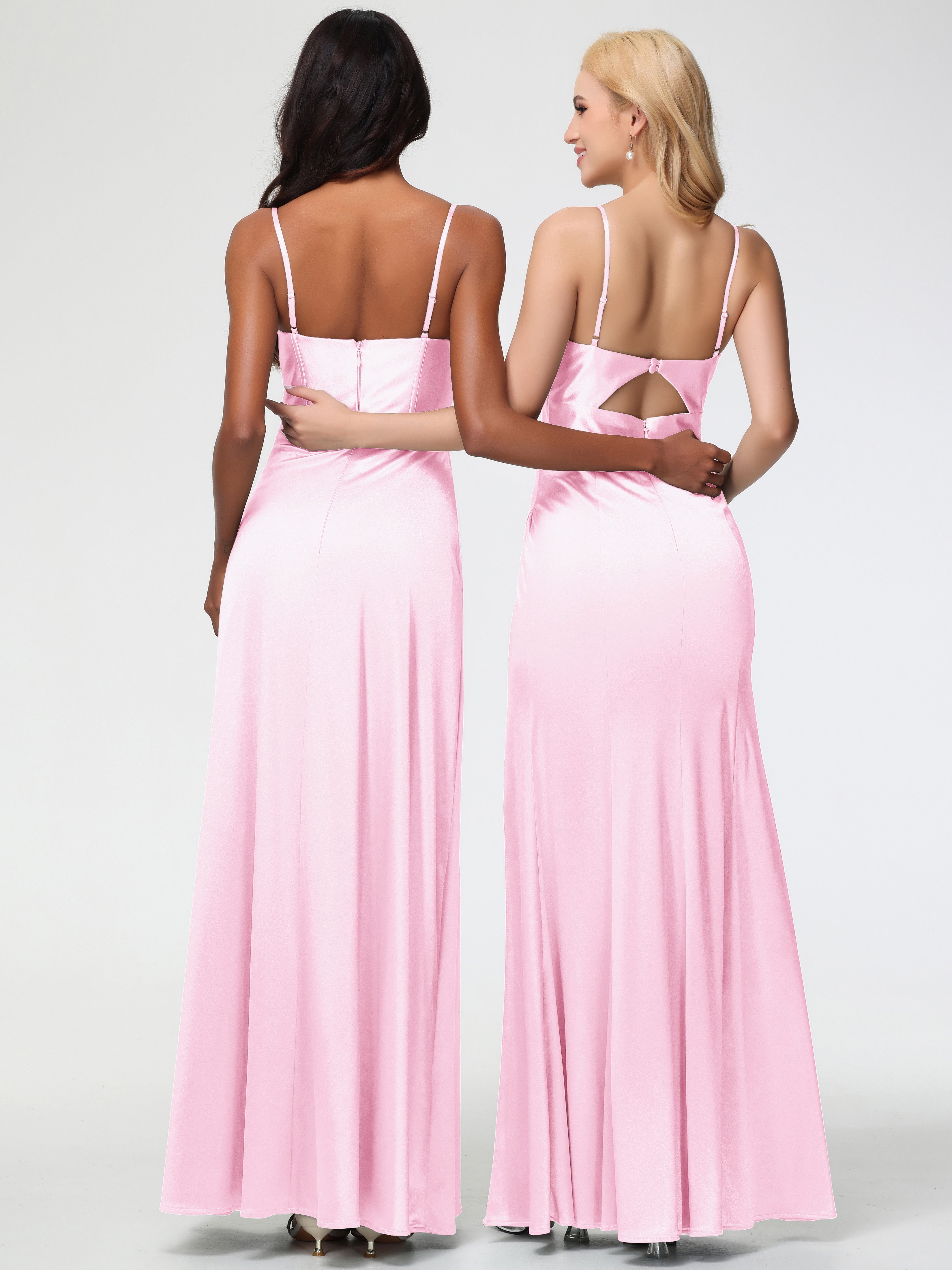 Robes Demoiselle D Honneur Rose Pale Bretelles Spaghetti Trapèze Satin Extensible Fendue Robe De Demoiselle D'Honneur