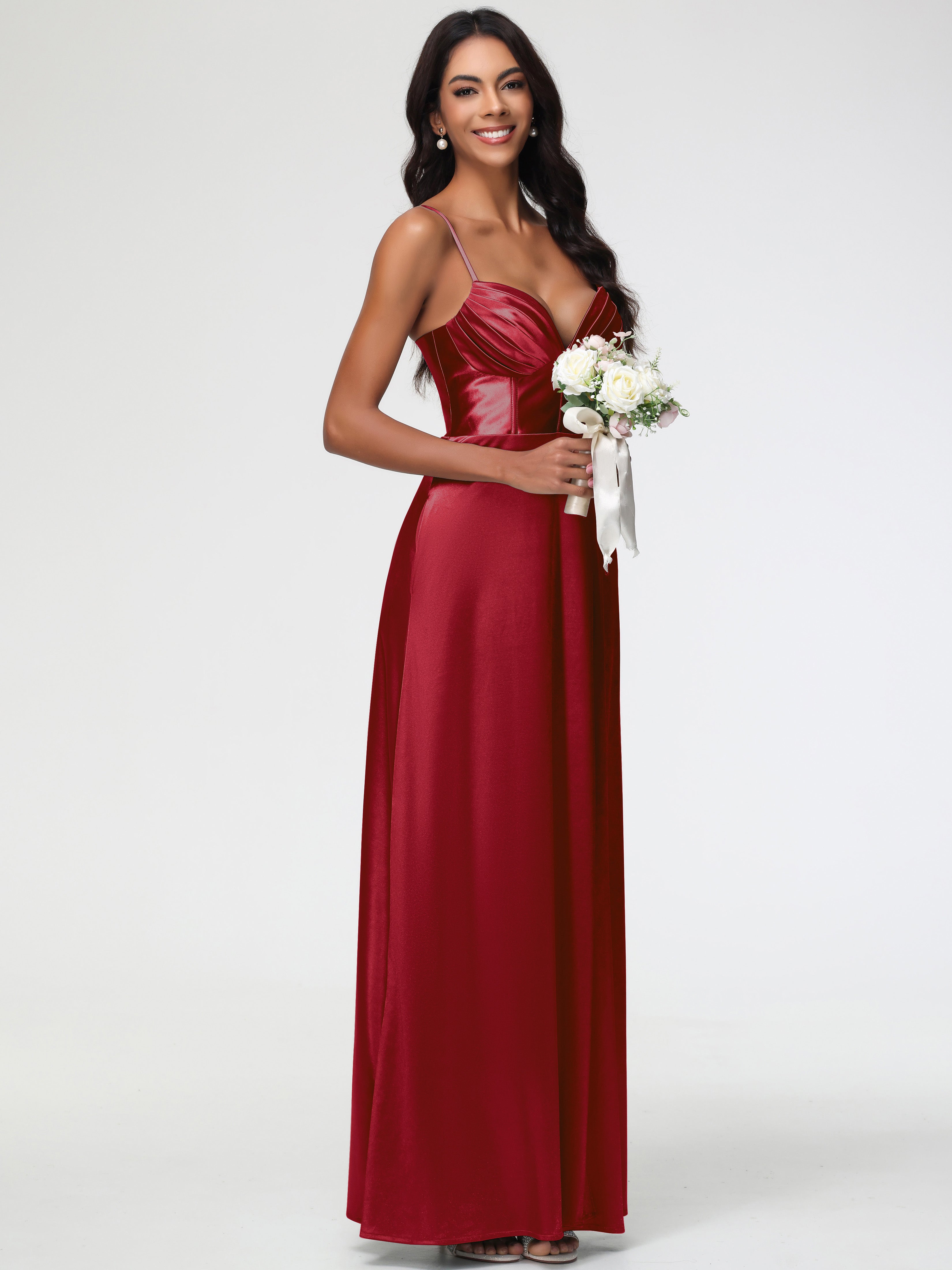 Robe Demoiselle D Honneur Rouge Bordeaux Bretelles Spaghetti Trapèze Satin Extensible Fendue Robe De Demoiselle D'Honneur