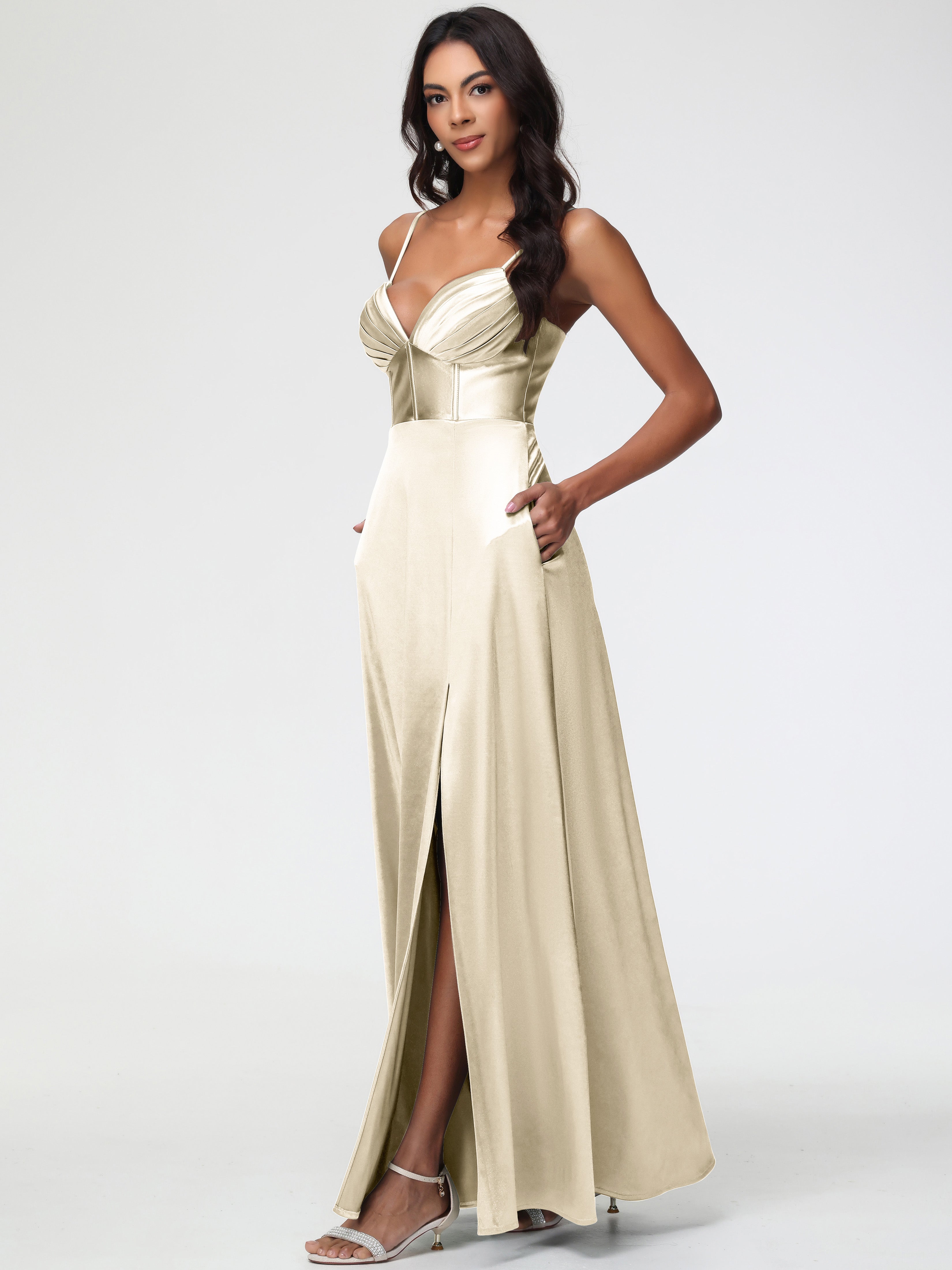 Champagne Robe Demoiselle D Honneur Bretelles Spaghetti Trapèze Satin Extensible Fendue Robe De Demoiselle D'Honneur