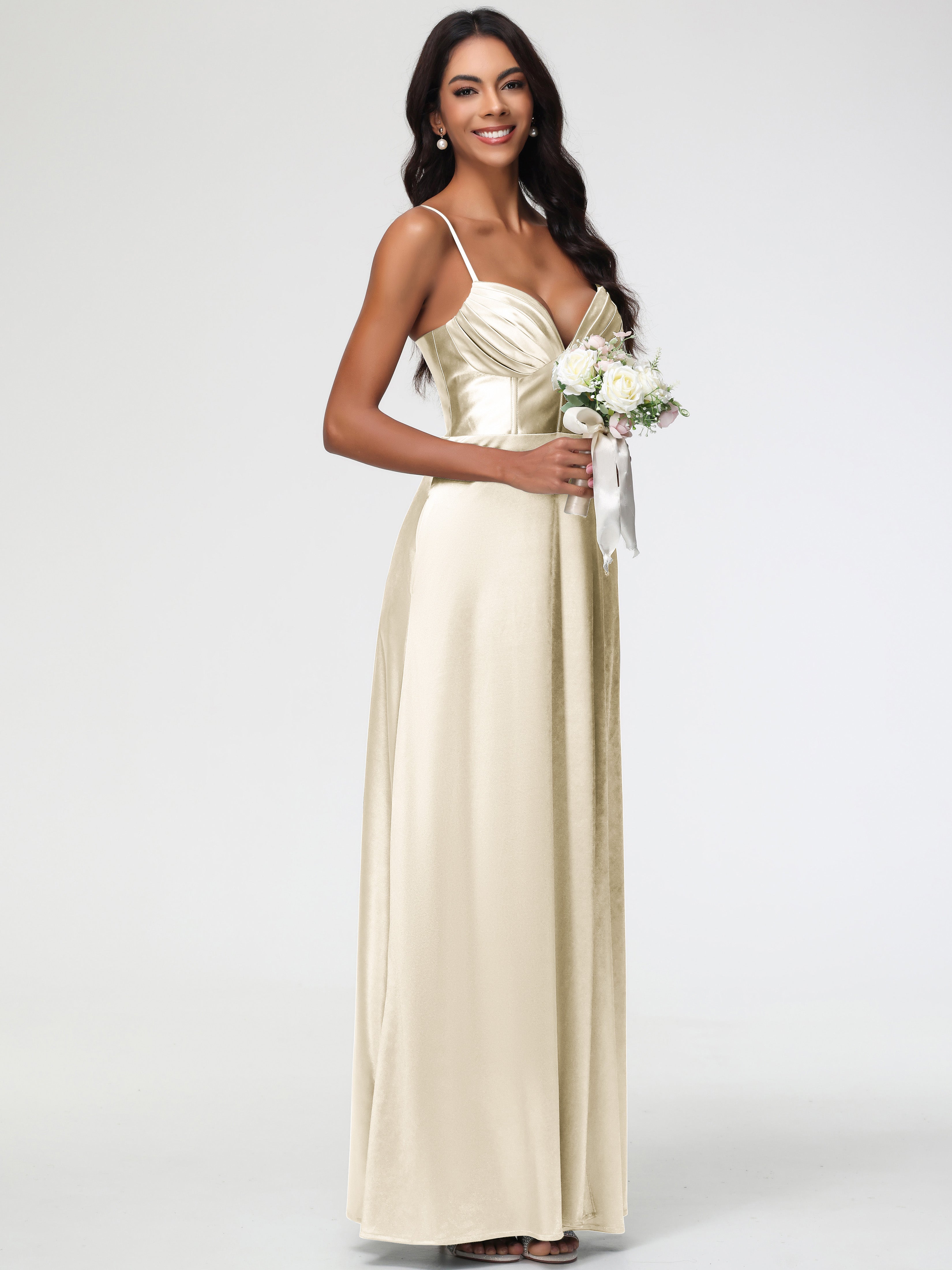 Champagne Robe Demoiselle D Honneur Bretelles Spaghetti Trapèze Satin Extensible Fendue Robe De Demoiselle D'Honneur