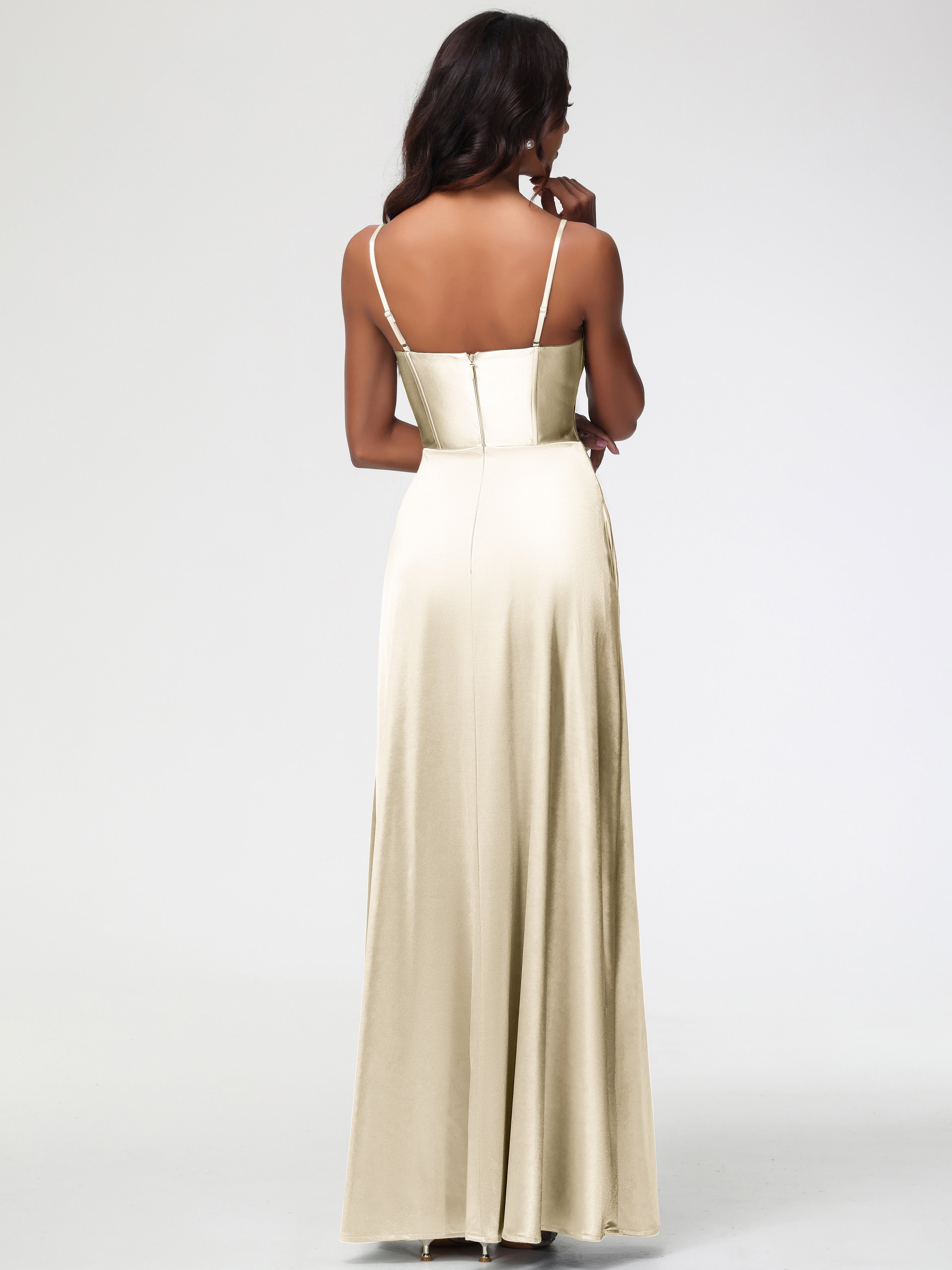 Champagne Robe Demoiselle D Honneur Bretelles Spaghetti Trapèze Satin Extensible Fendue Robe De Demoiselle D'Honneur