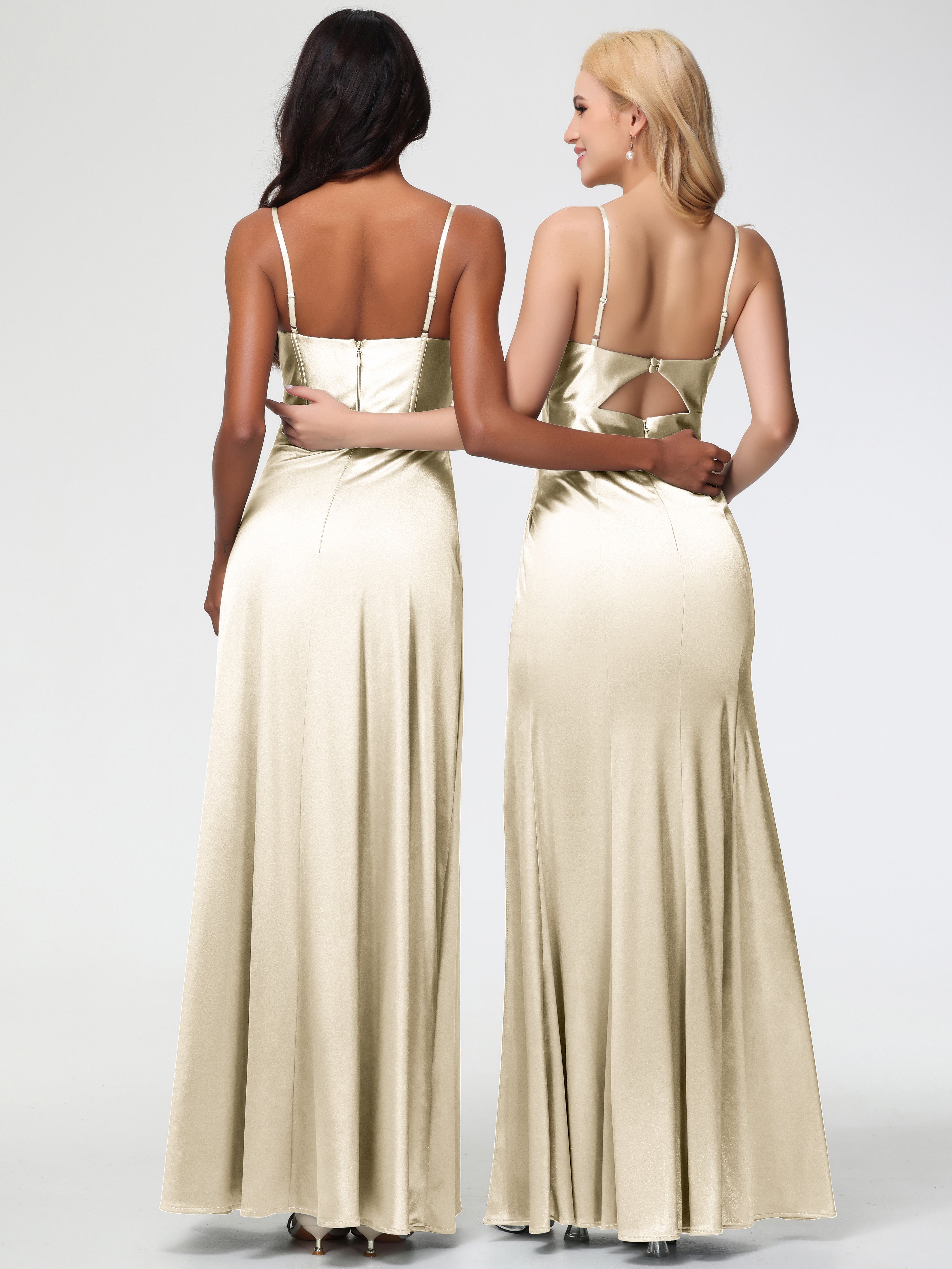 Champagne Robe Demoiselle D Honneur Bretelles Spaghetti Trapèze Satin Extensible Fendue Robe De Demoiselle D'Honneur