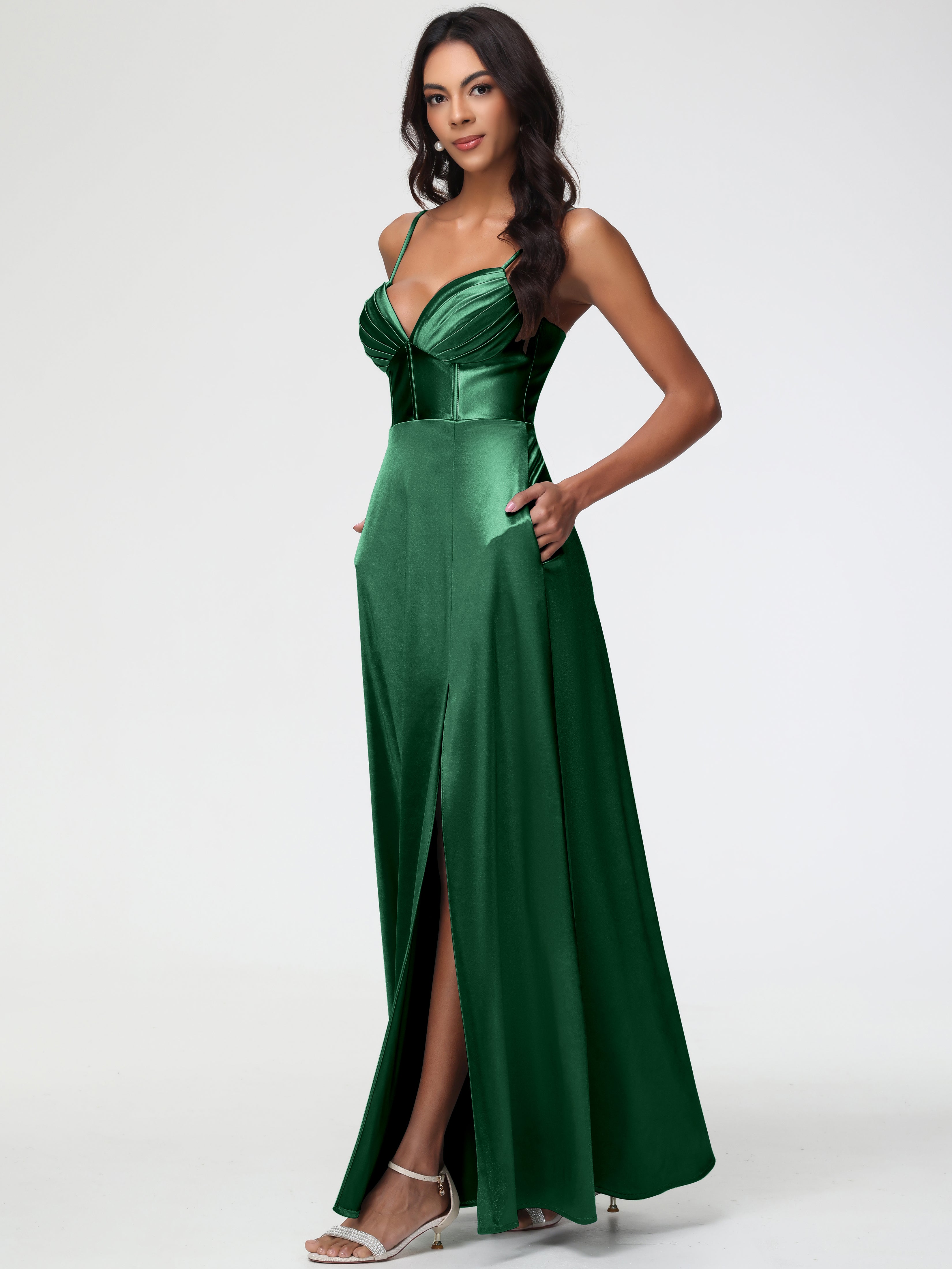 Demoiselle D'Honneur VERT FONCÉ Bretelles Spaghetti Trapèze Satin Extensible Fendue Robe De Demoiselle D'Honneur