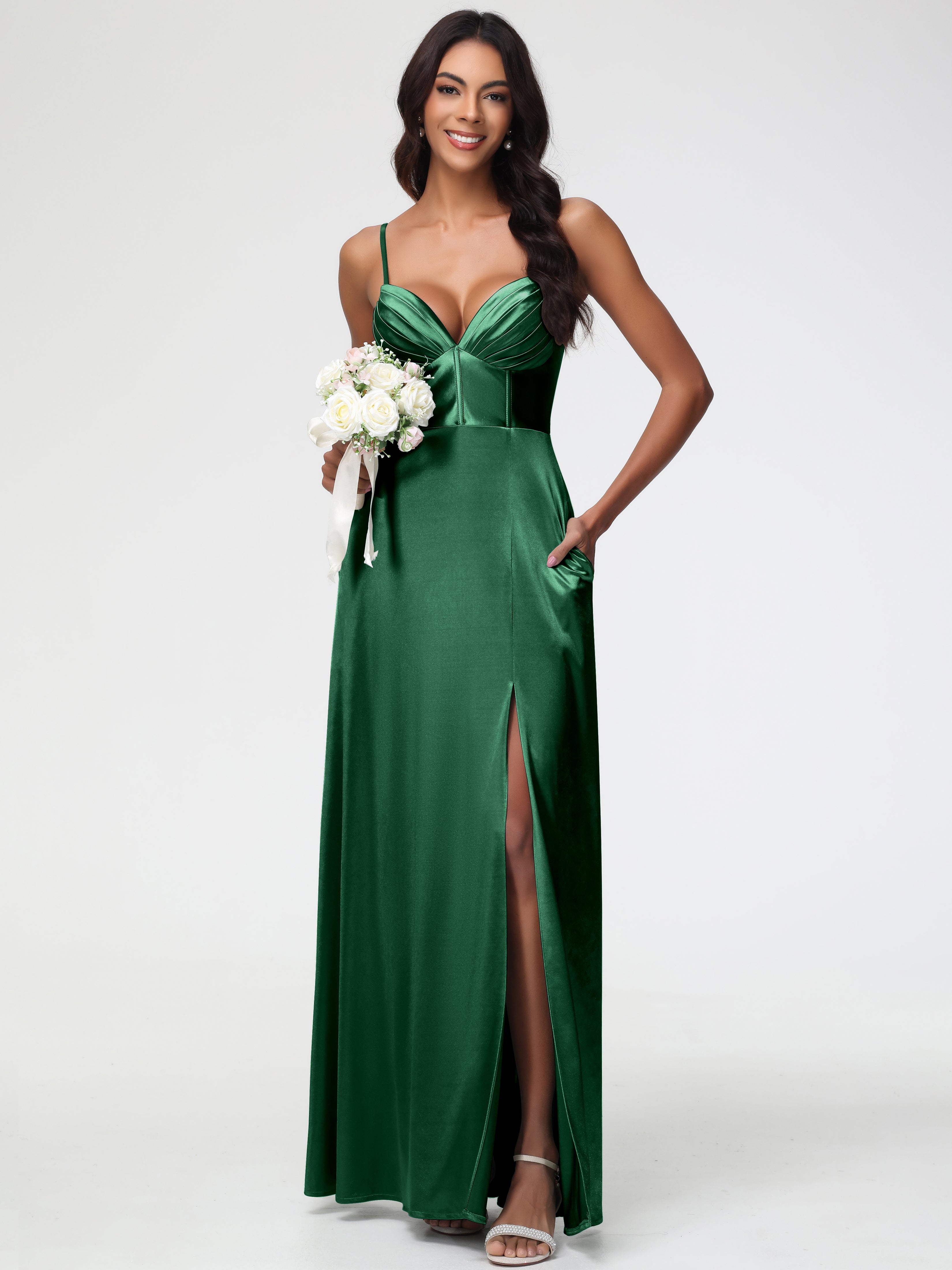 Demoiselle D'Honneur VERT FONCÉ Bretelles Spaghetti Trapèze Satin Extensible Fendue Robe De Demoiselle D'Honneur