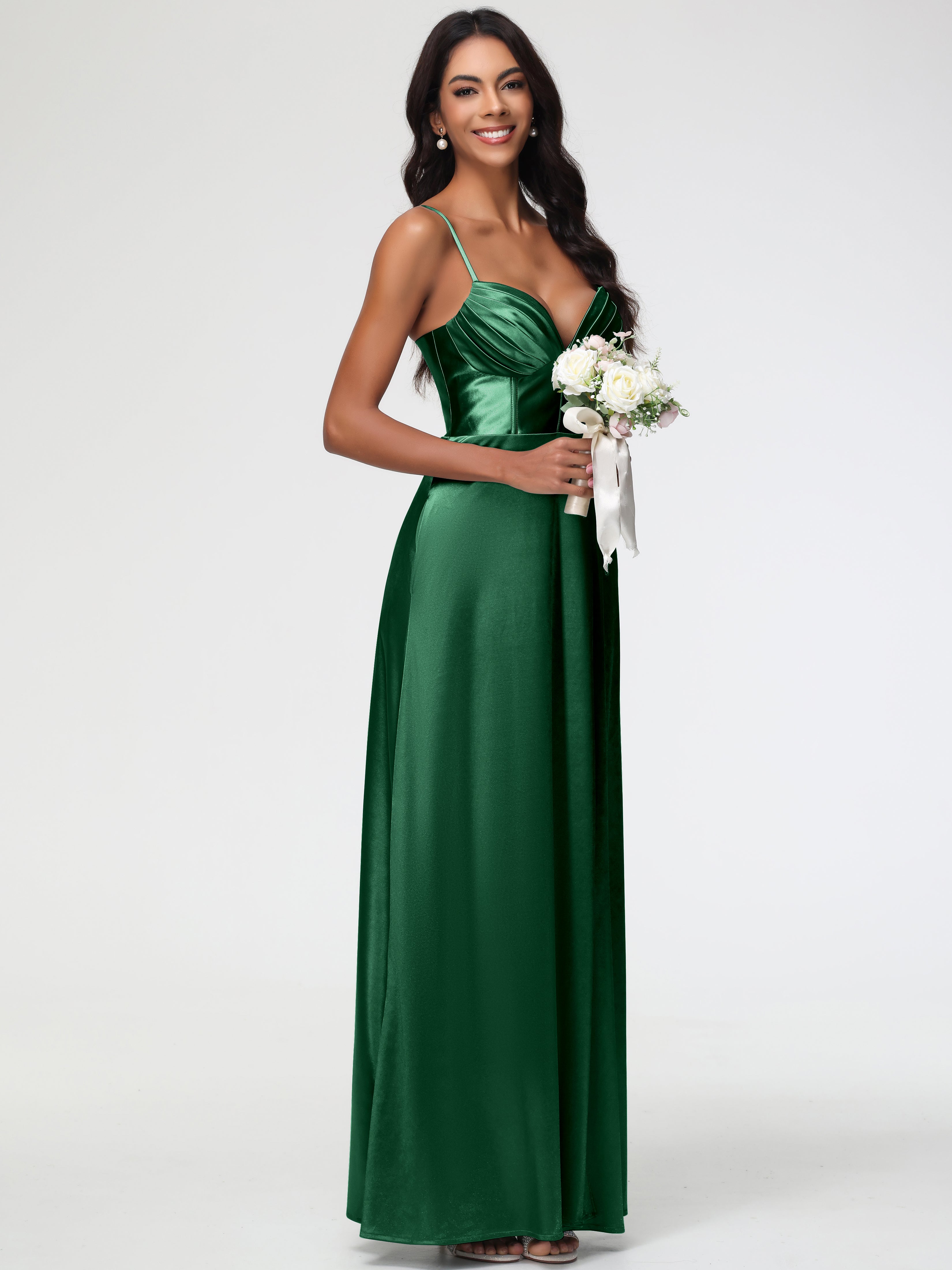 Demoiselle D'Honneur VERT FONCÉ Bretelles Spaghetti Trapèze Satin Extensible Fendue Robe De Demoiselle D'Honneur