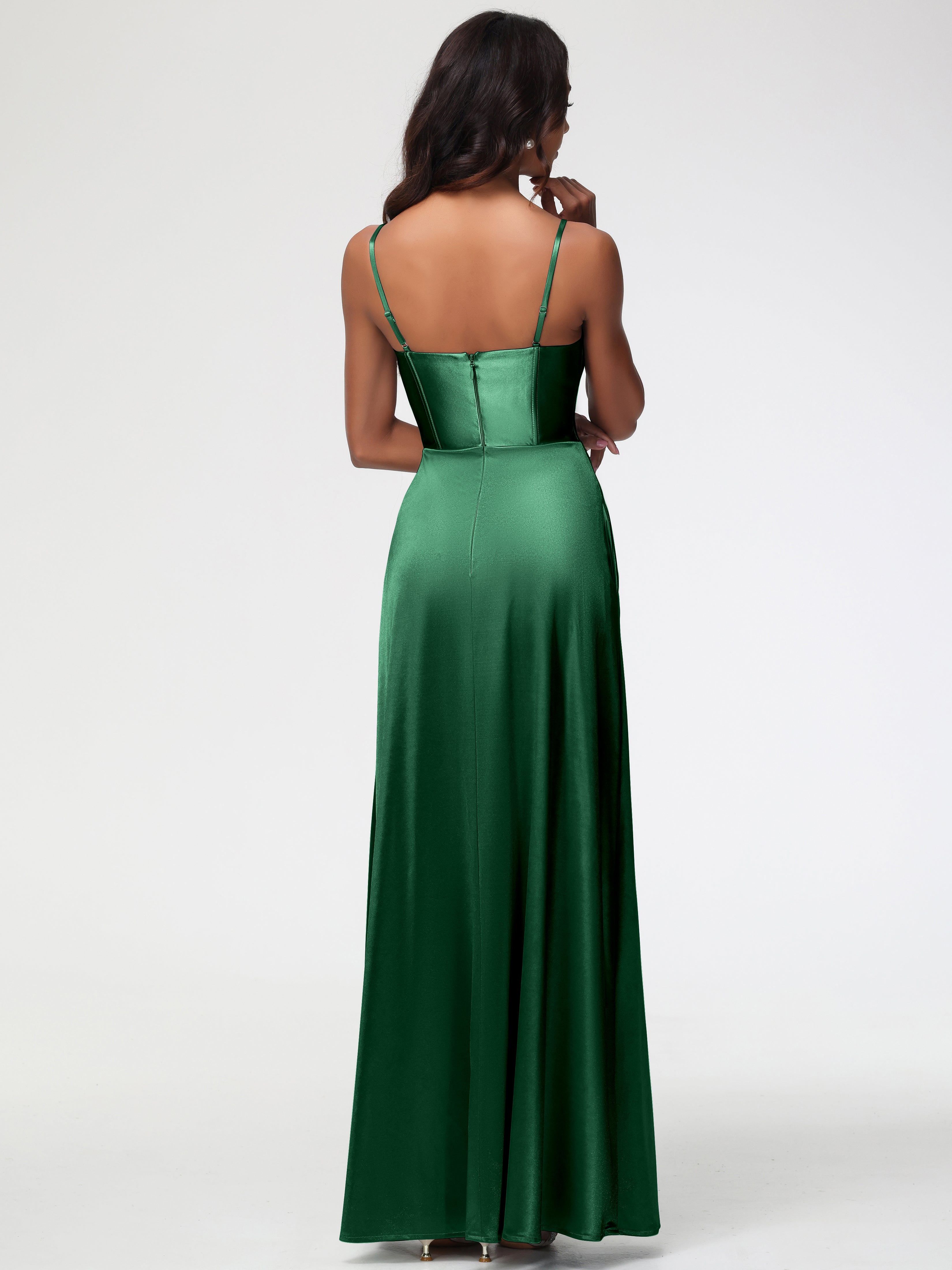 Demoiselle D'Honneur VERT FONCÉ Bretelles Spaghetti Trapèze Satin Extensible Fendue Robe De Demoiselle D'Honneur
