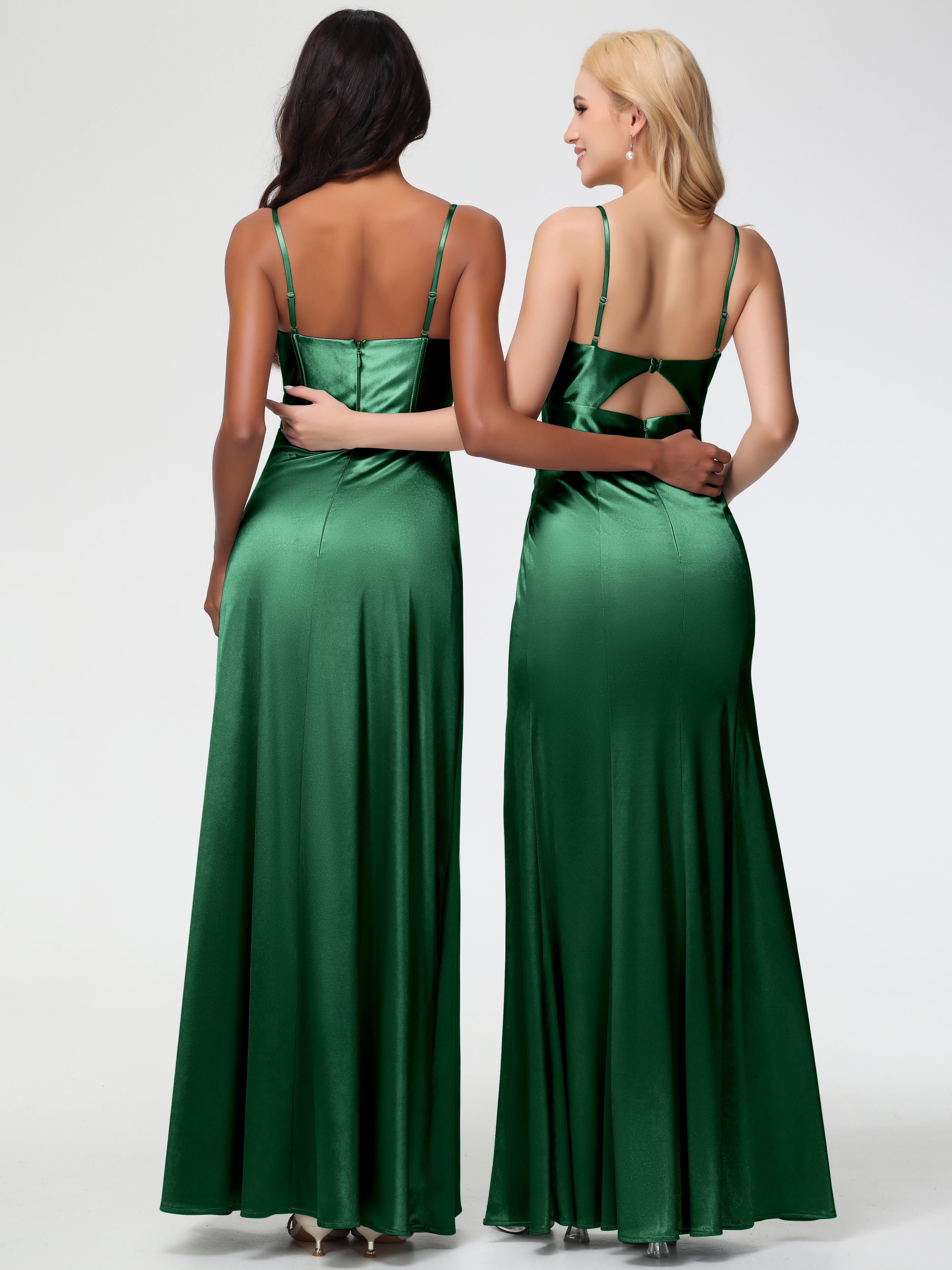 Demoiselle D'Honneur VERT FONCÉ Bretelles Spaghetti Trapèze Satin Extensible Fendue Robe De Demoiselle D'Honneur