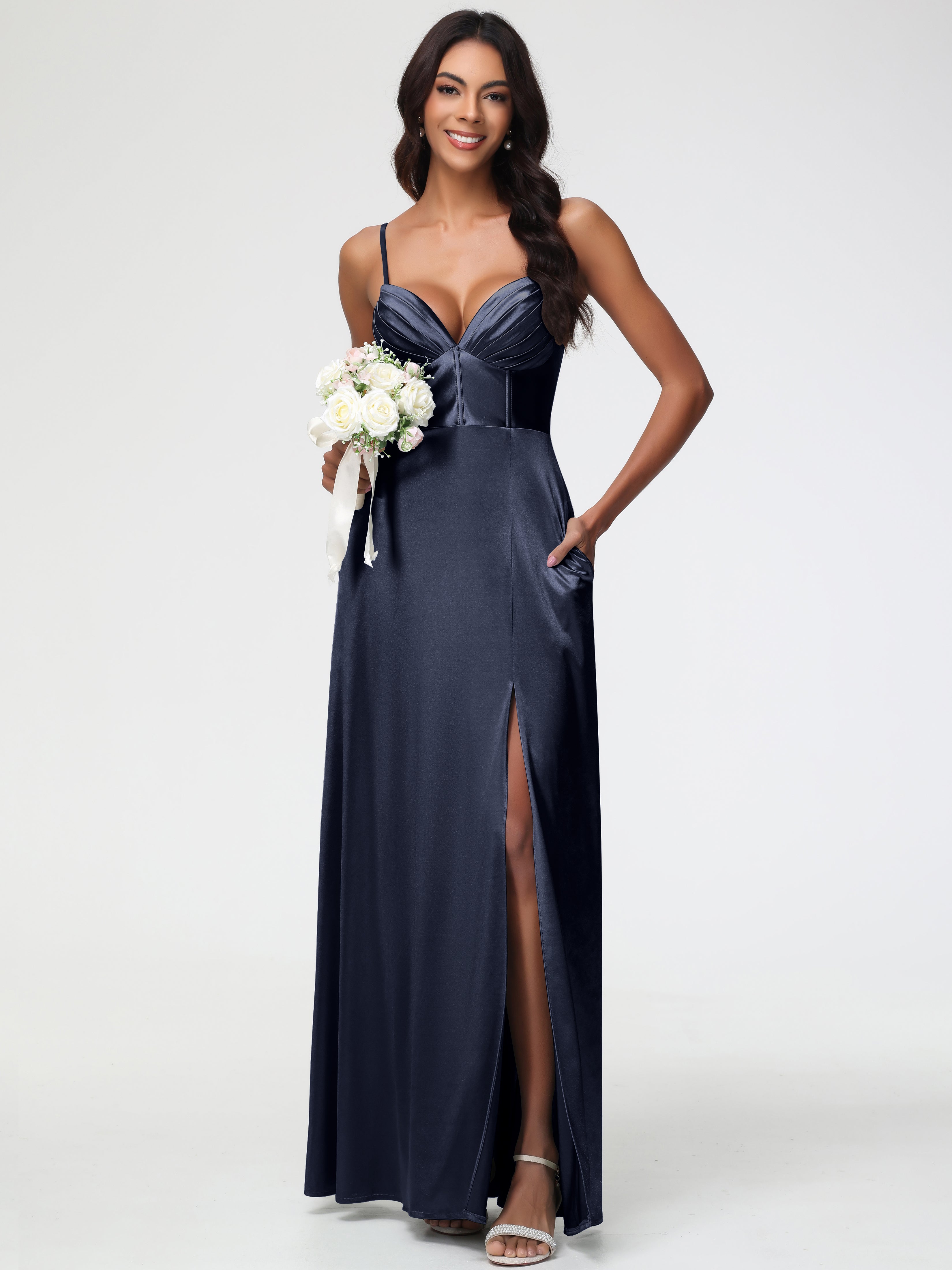 Robe Demoiselle Dhonneur Bleu Marine Bretelles Spaghetti Trapèze Satin Extensible Fendue Robe De Demoiselle D'Honneur