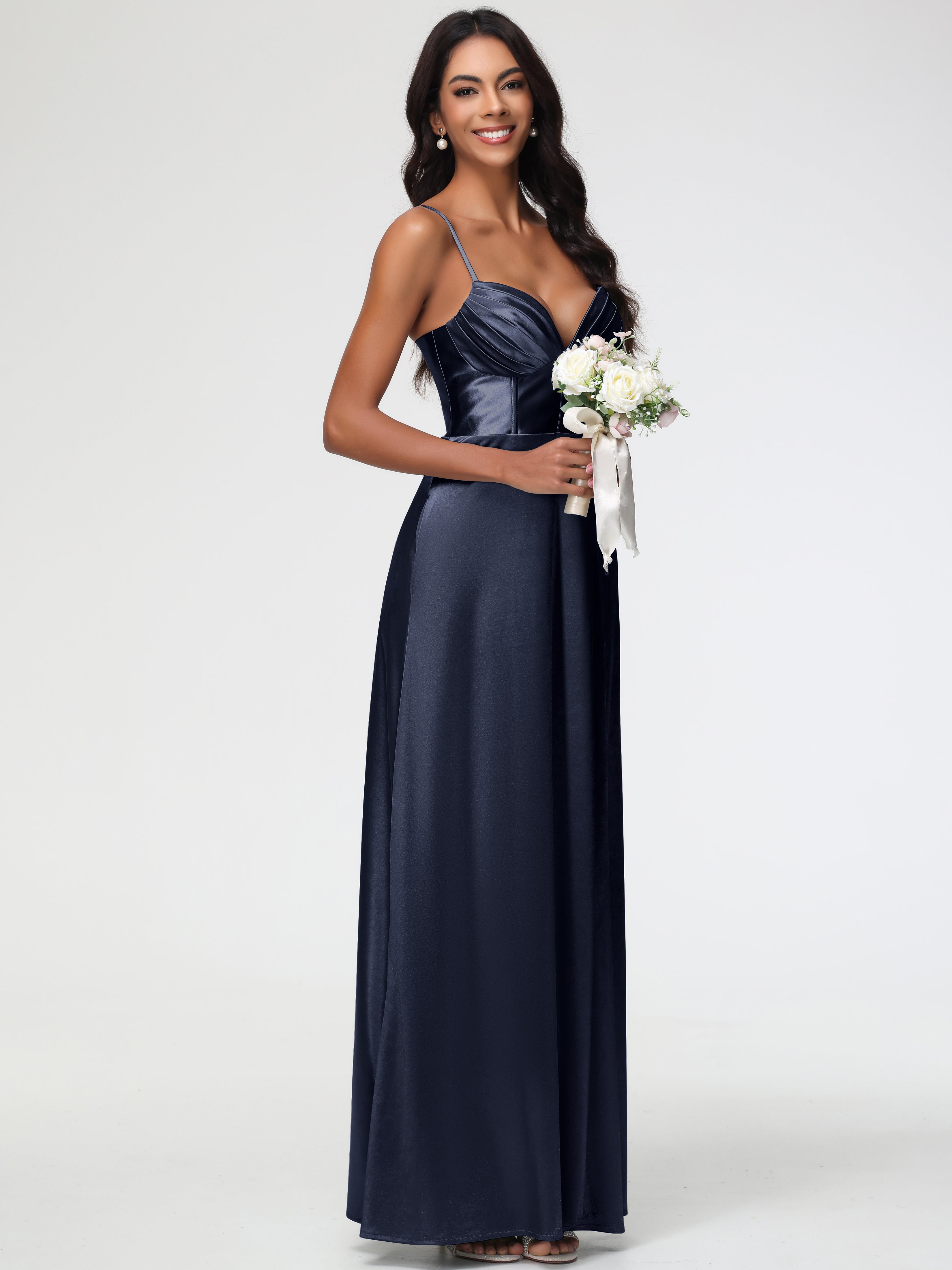 Robe Demoiselle Dhonneur Bleu Marine Bretelles Spaghetti Trapèze Satin Extensible Fendue Robe De Demoiselle D'Honneur
