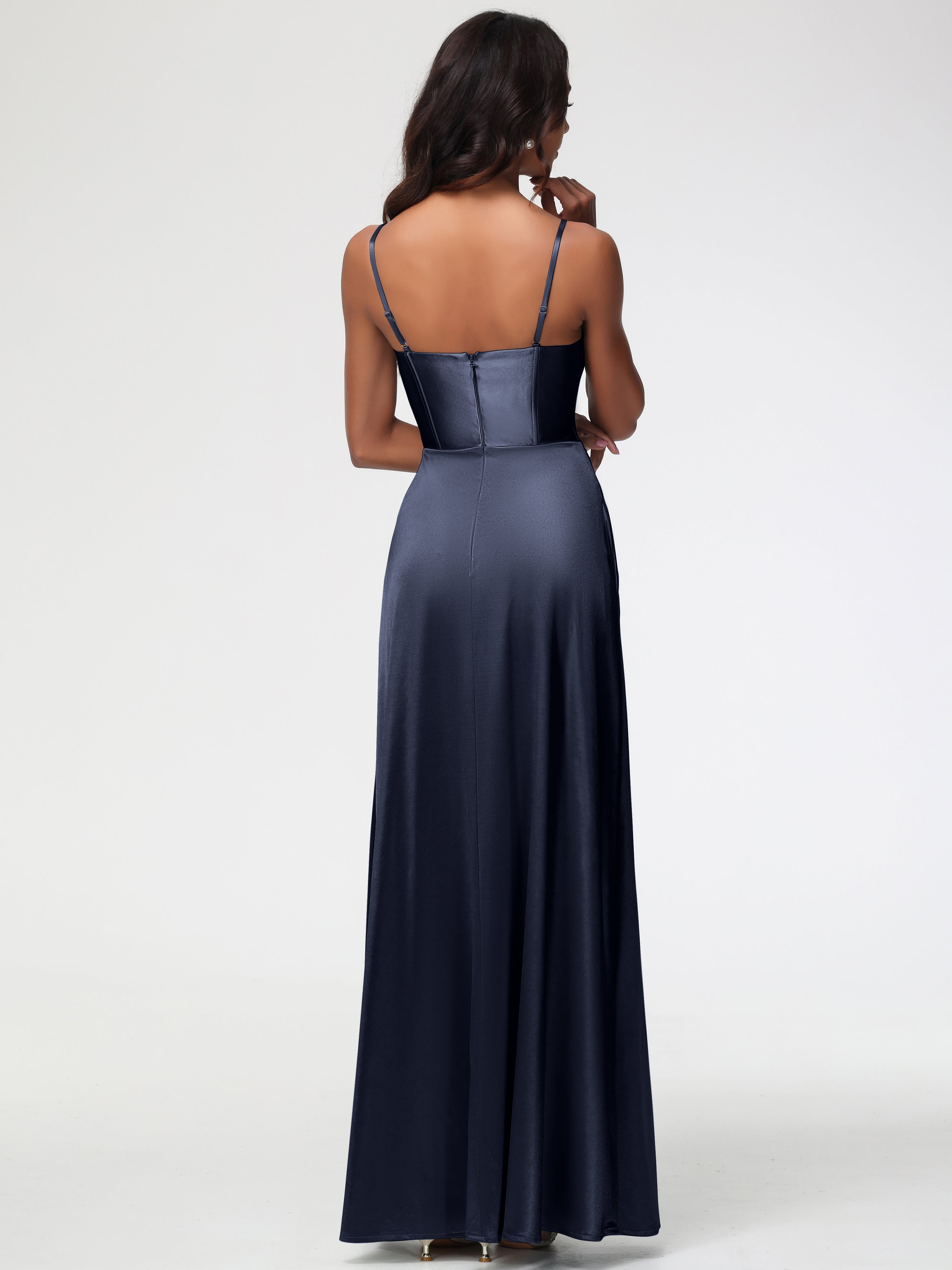 Robe Demoiselle Dhonneur Bleu Marine Bretelles Spaghetti Trapèze Satin Extensible Fendue Robe De Demoiselle D'Honneur