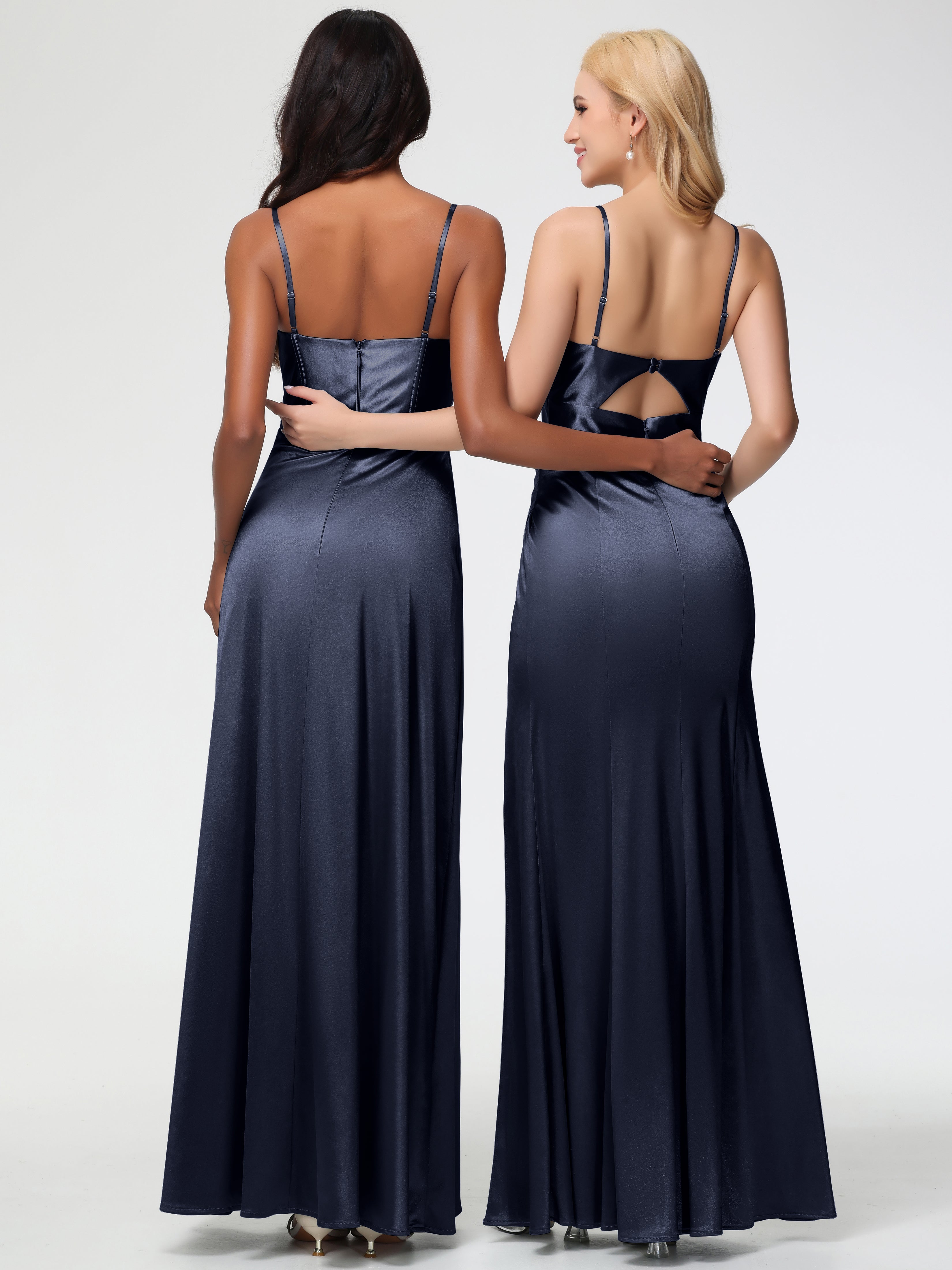 Robe Demoiselle Dhonneur Bleu Marine Bretelles Spaghetti Trapèze Satin Extensible Fendue Robe De Demoiselle D'Honneur