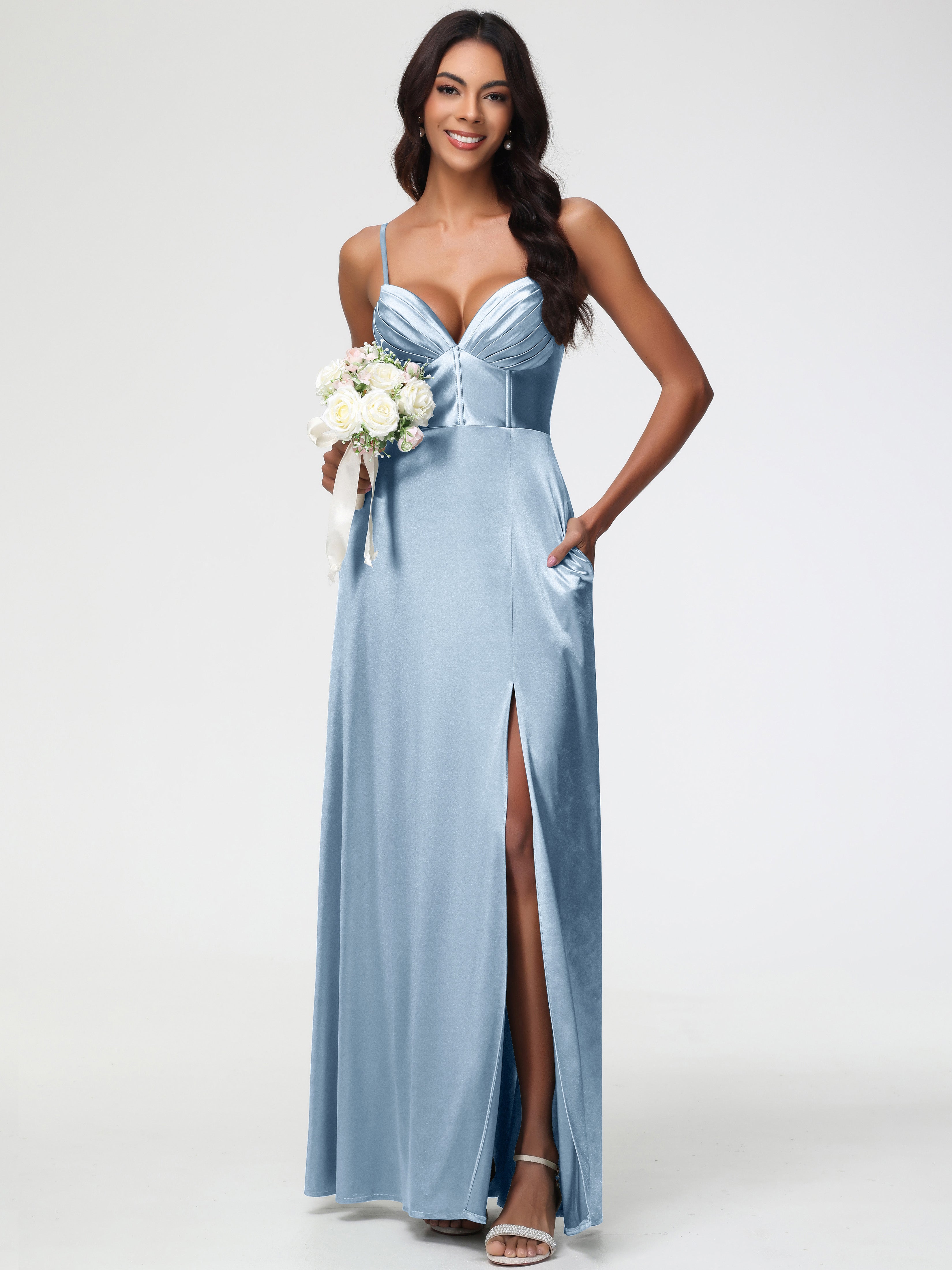 Robes De Demoiselle D'Honneur Bleu Poussiéreux Bretelles Spaghetti Trapèze Satin Extensible Fendue Robe De Demoiselle D'Honneur