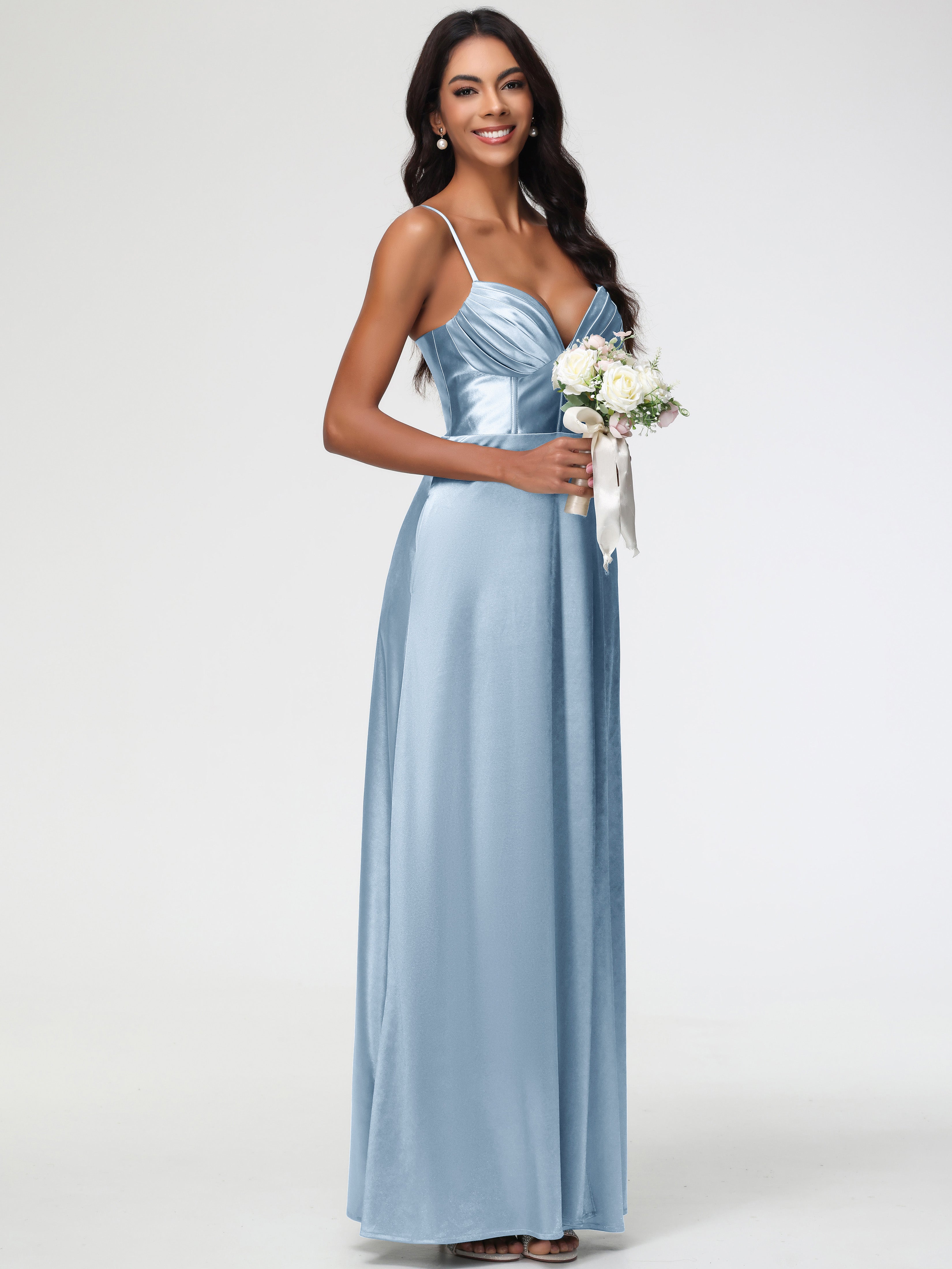 Robes De Demoiselle D'Honneur Bleu Poussiéreux Bretelles Spaghetti Trapèze Satin Extensible Fendue Robe De Demoiselle D'Honneur