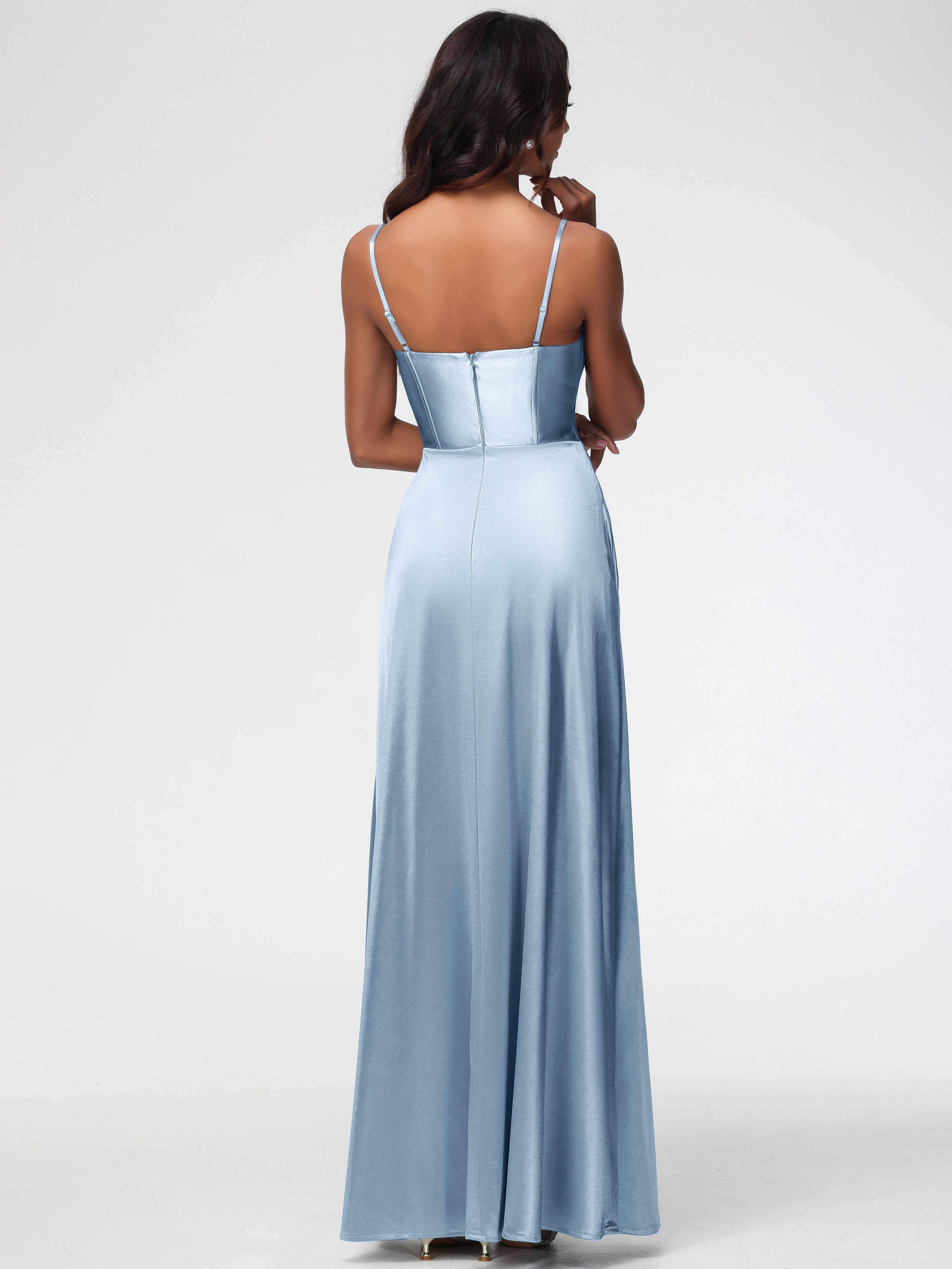 Robes De Demoiselle D'Honneur Bleu Poussiéreux Bretelles Spaghetti Trapèze Satin Extensible Fendue Robe De Demoiselle D'Honneur