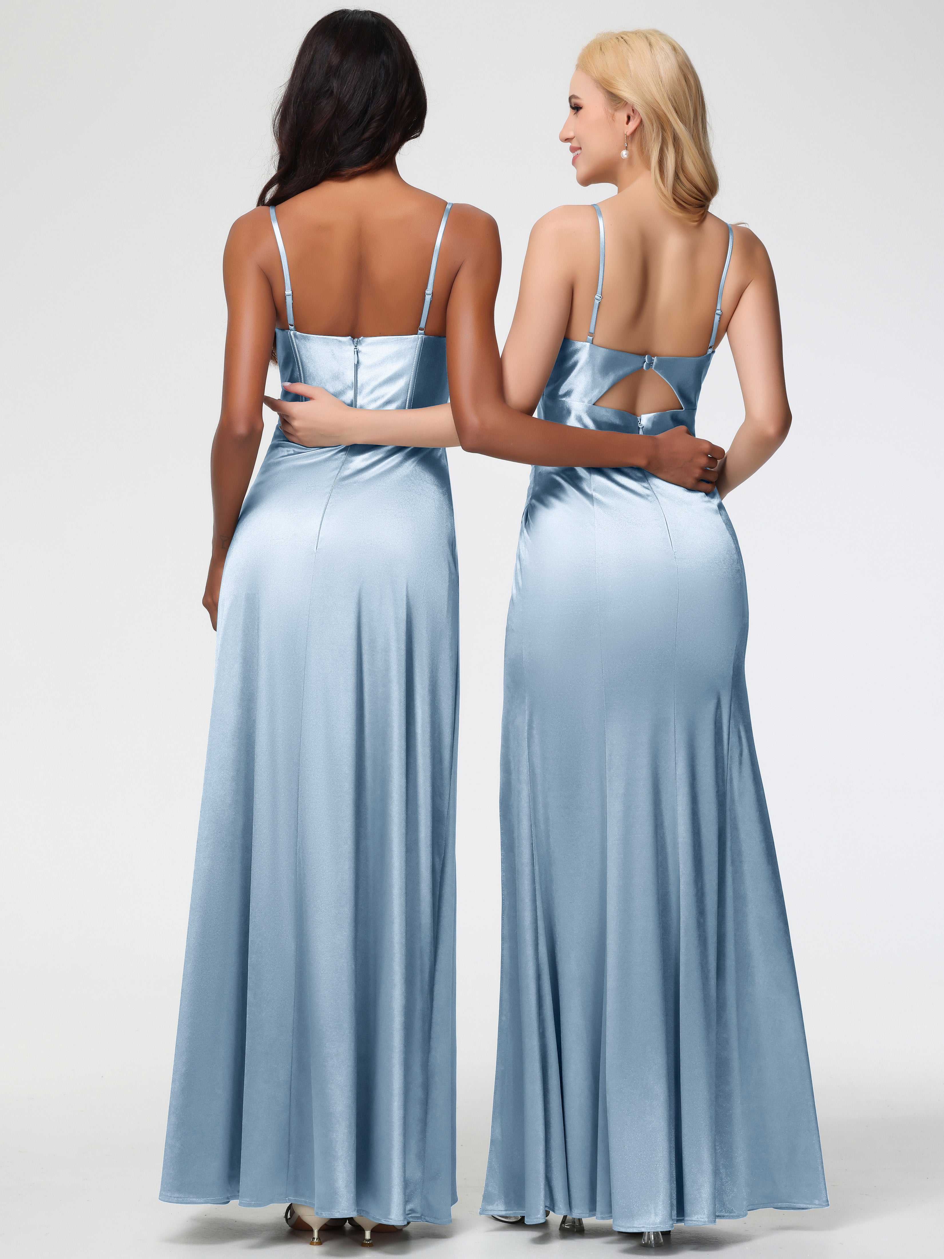 Robes De Demoiselle D'Honneur Bleu Poussiéreux Bretelles Spaghetti Trapèze Satin Extensible Fendue Robe De Demoiselle D'Honneur