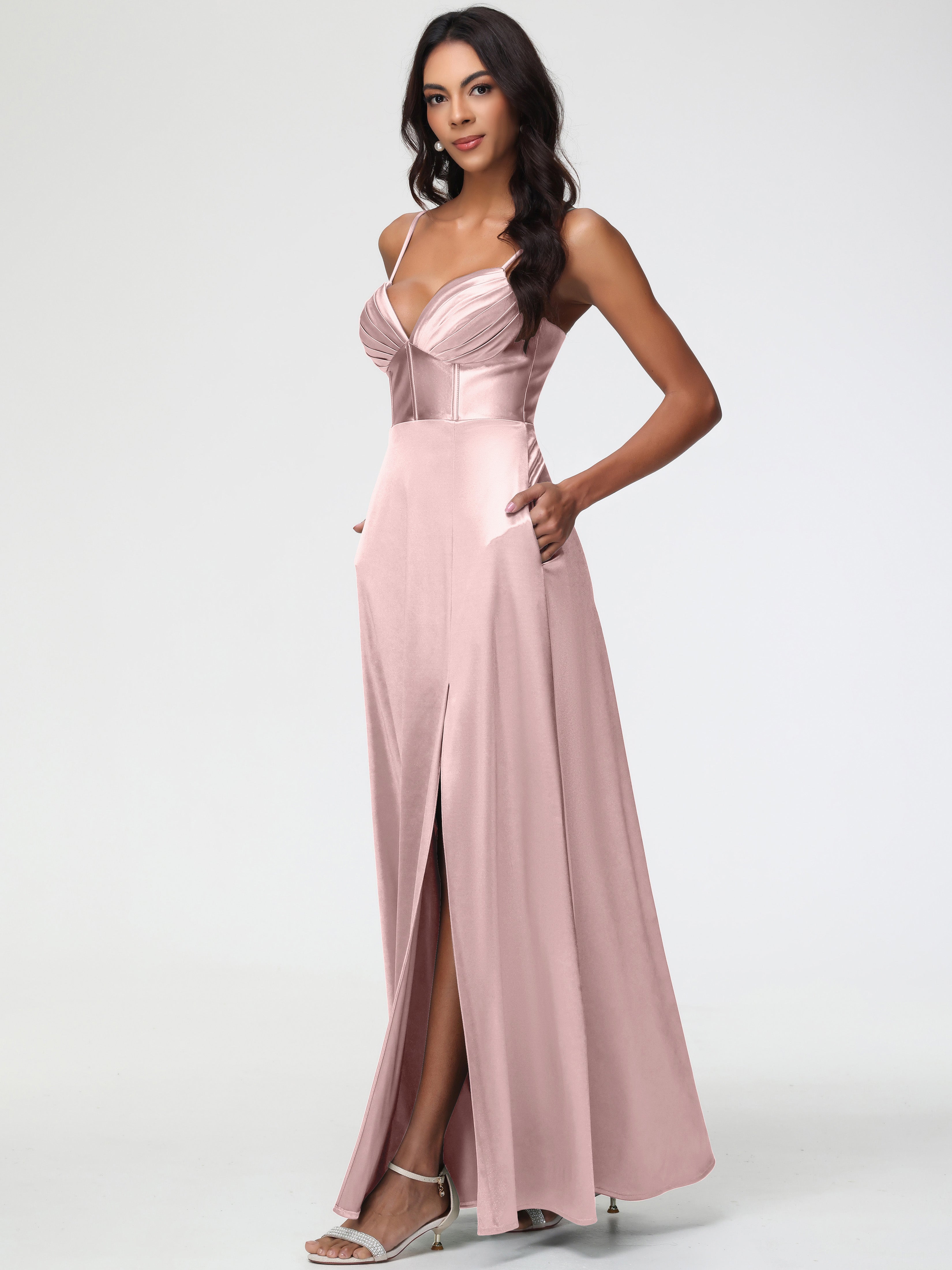 Robe Longue ROSE POUDRÉ Demoiselle D Honneur Bretelles Spaghetti Trapèze Satin Extensible Fendue Robe De Demoiselle D'Honneur