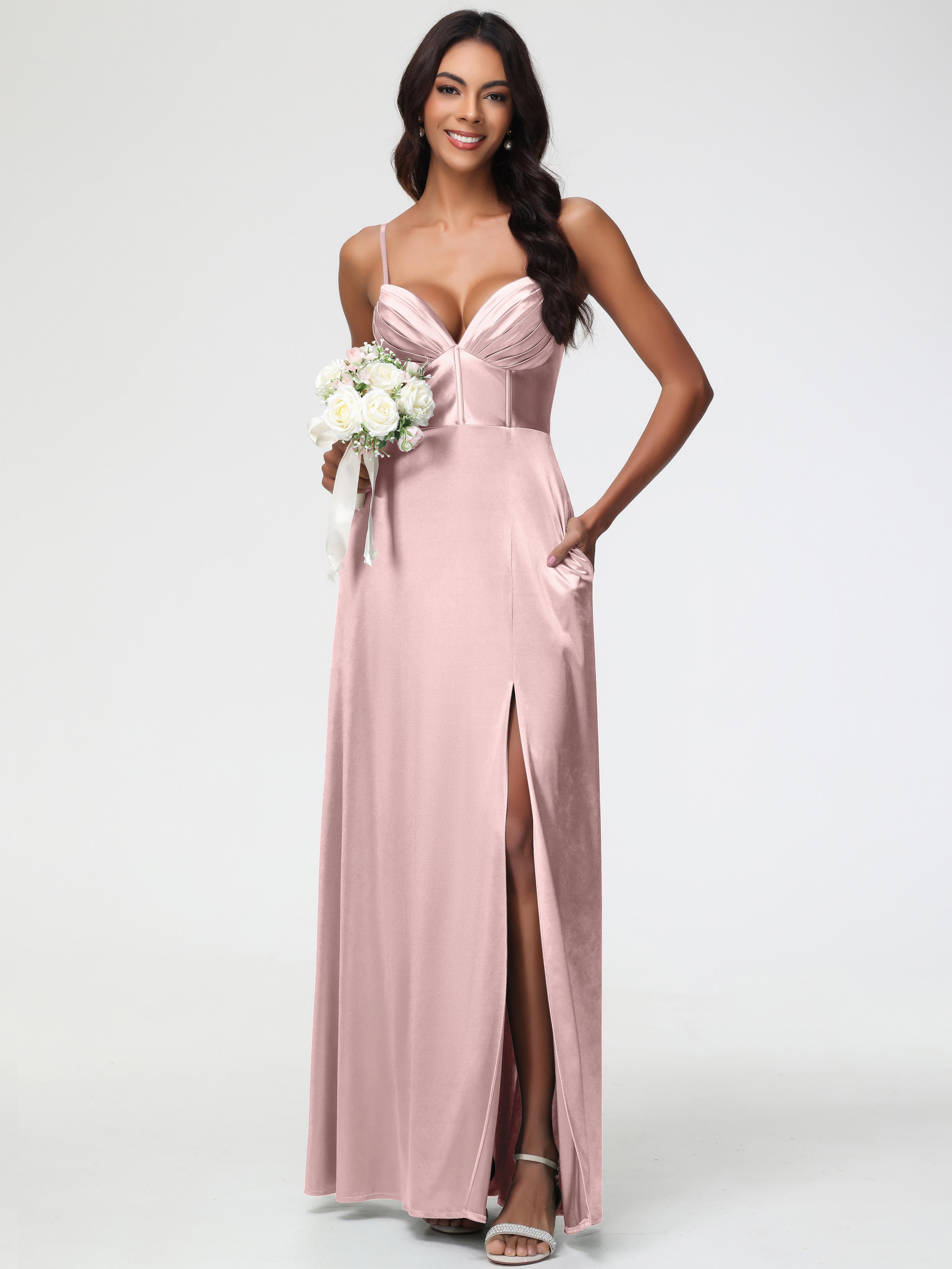 Robe Longue ROSE POUDRÉ Demoiselle D Honneur Bretelles Spaghetti Trapèze Satin Extensible Fendue Robe De Demoiselle D'Honneur