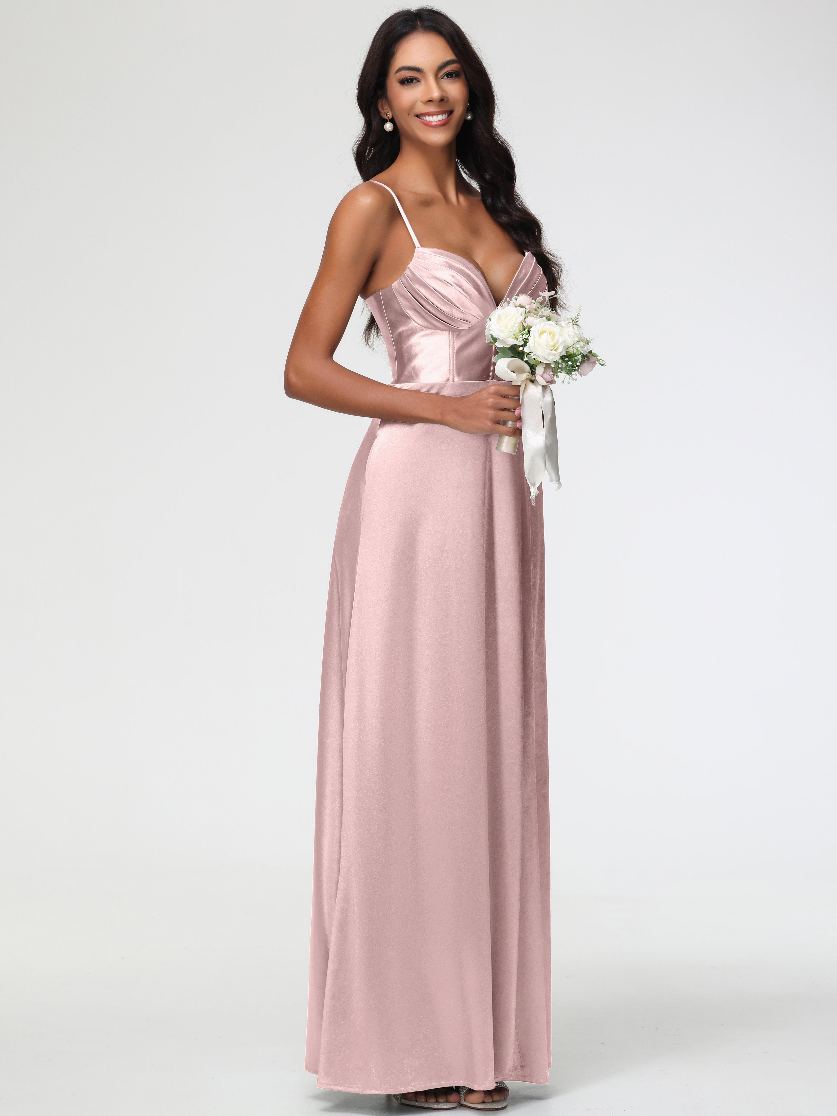 Robe Longue ROSE POUDRÉ Demoiselle D Honneur Bretelles Spaghetti Trapèze Satin Extensible Fendue Robe De Demoiselle D'Honneur