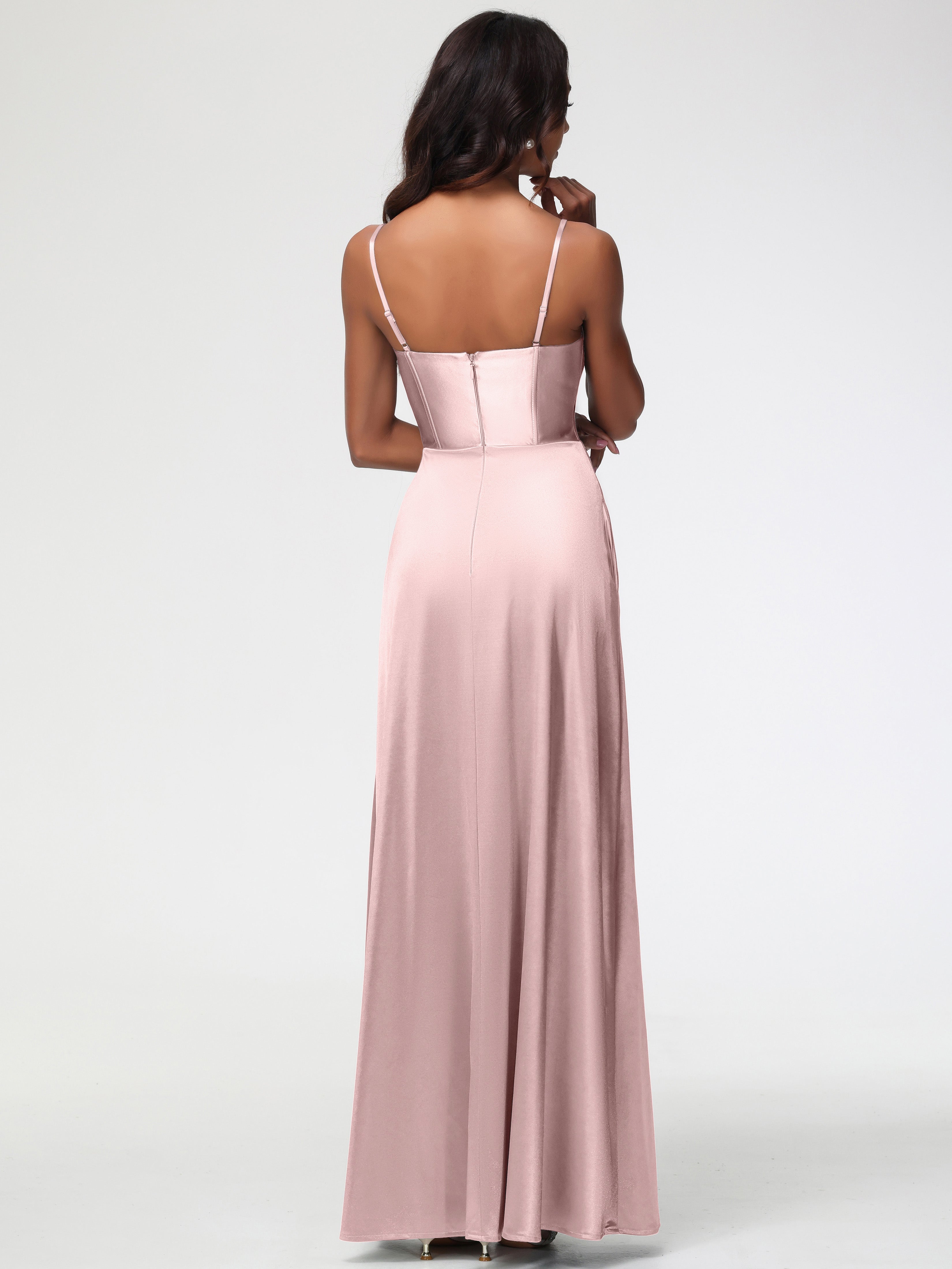 Robe Longue ROSE POUDRÉ Demoiselle D Honneur Bretelles Spaghetti Trapèze Satin Extensible Fendue Robe De Demoiselle D'Honneur