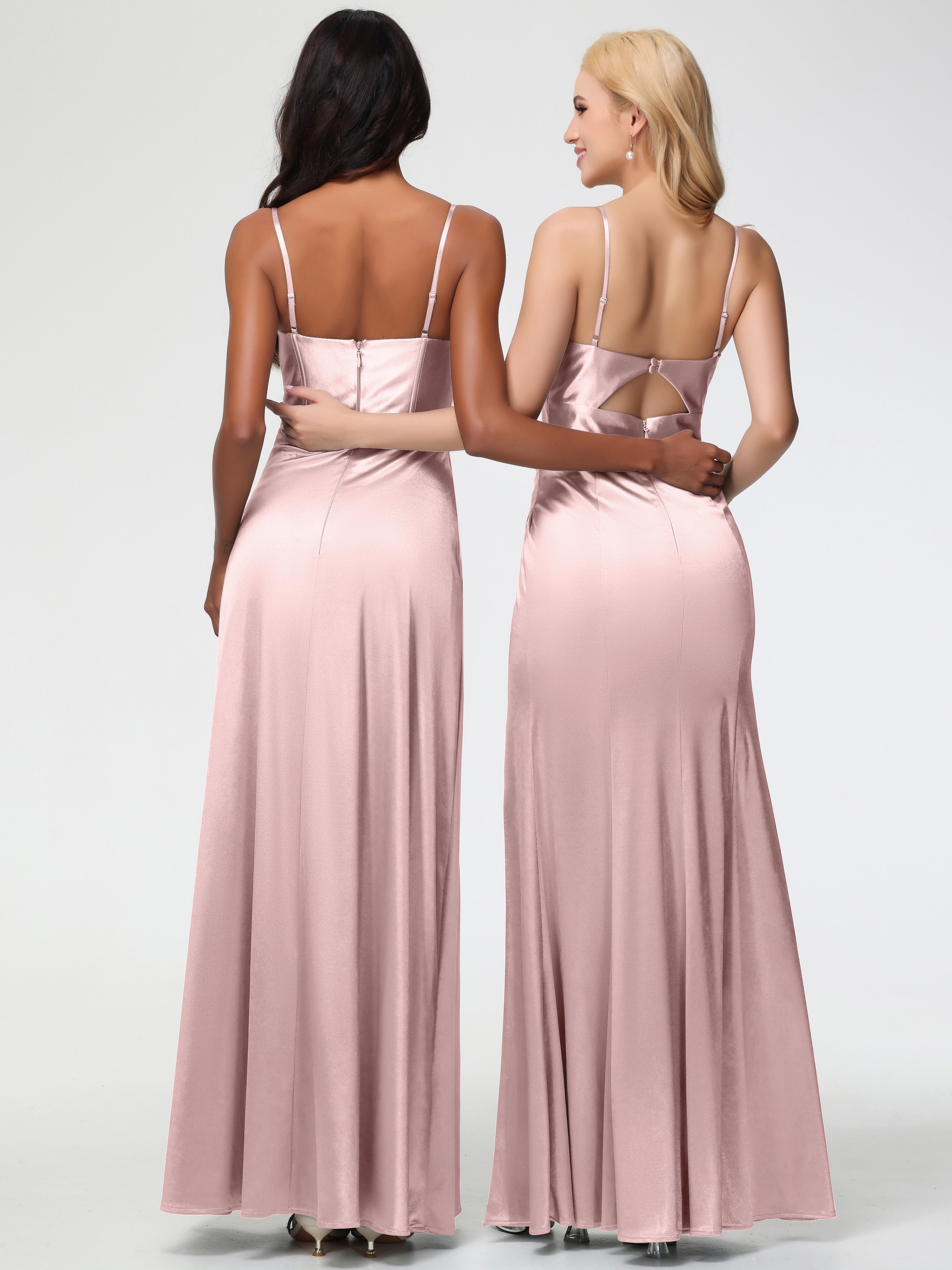 Robe Longue ROSE POUDRÉ Demoiselle D Honneur Bretelles Spaghetti Trapèze Satin Extensible Fendue Robe De Demoiselle D'Honneur
