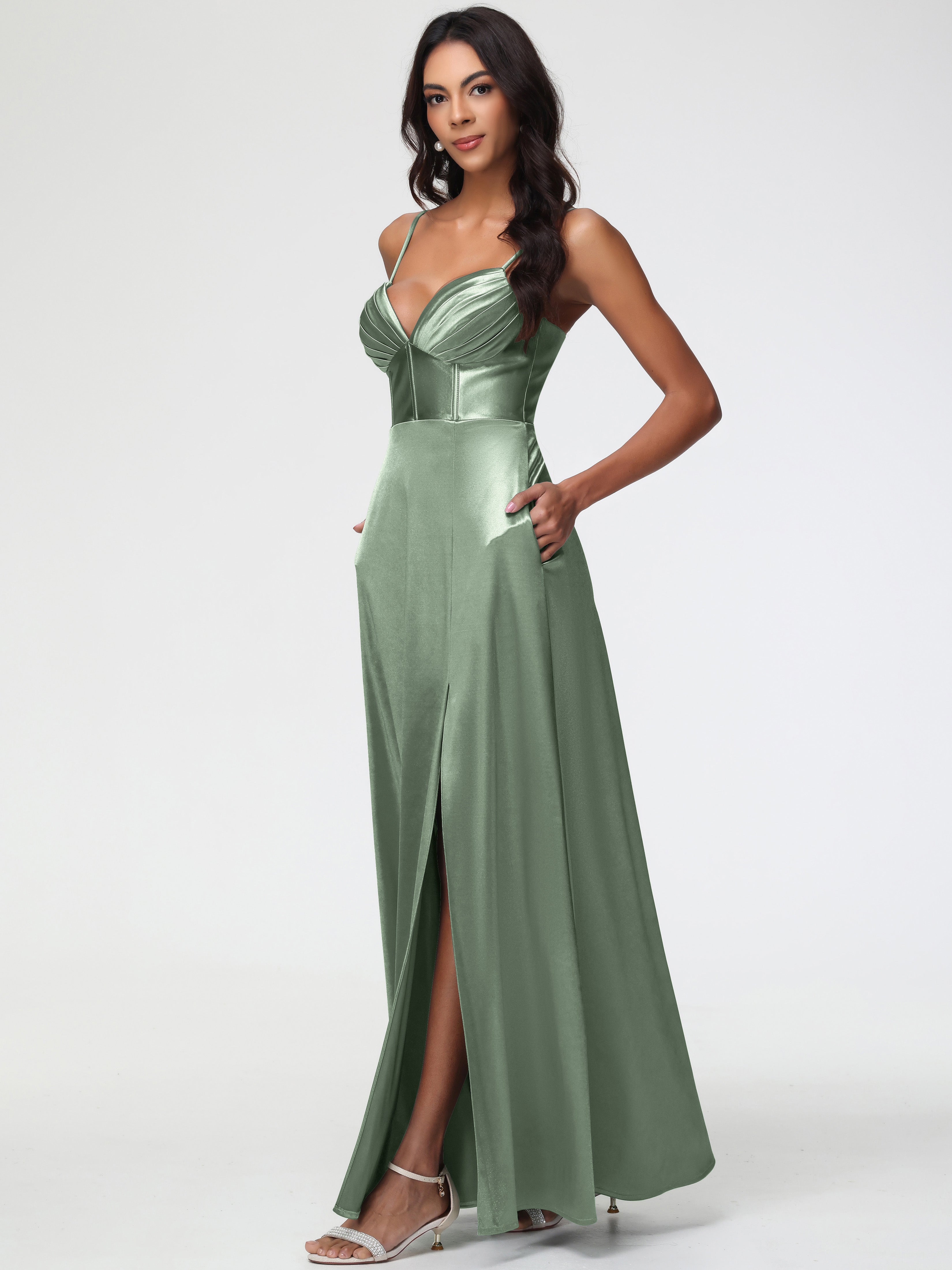Robes De Demoiselle D'Honneur Couleur Sauge Poussiéreuse Bon Marché Bretelles Spaghetti Trapèze Satin Extensible Fendue Robe De Demoiselle D'Honneur