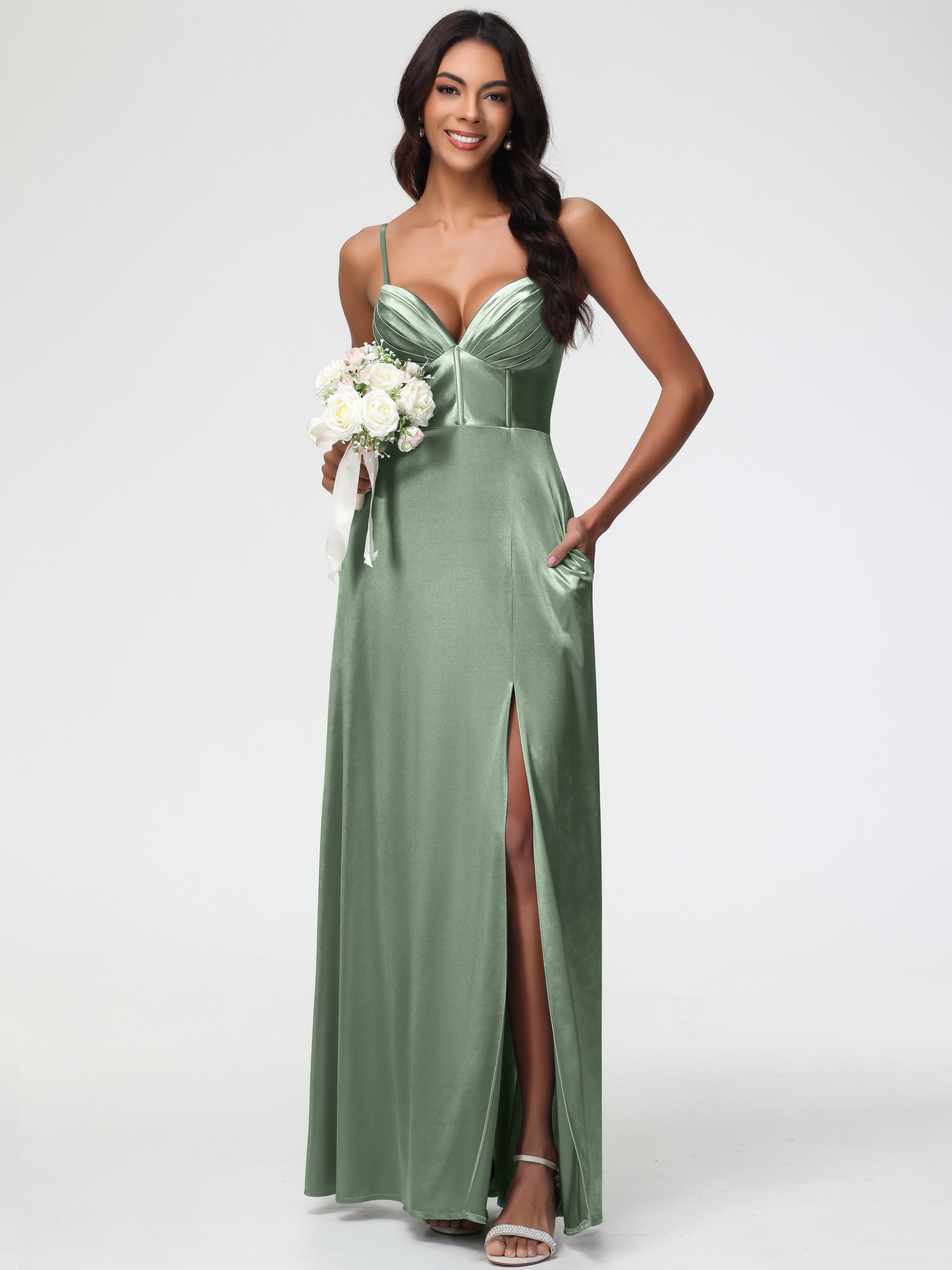 Robes De Demoiselle D'Honneur Couleur Sauge Poussiéreuse Bon Marché Bretelles Spaghetti Trapèze Satin Extensible Fendue Robe De Demoiselle D'Honneur