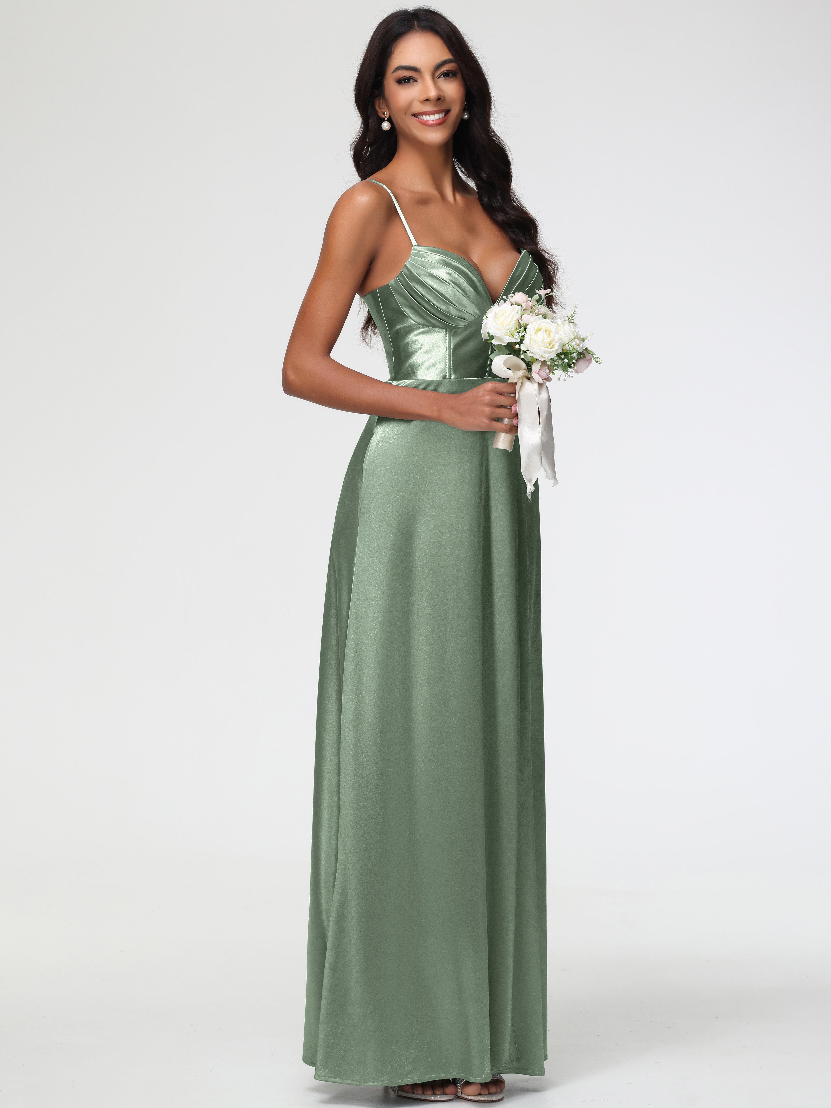Robes De Demoiselle D'Honneur Couleur Sauge Poussiéreuse Bon Marché Bretelles Spaghetti Trapèze Satin Extensible Fendue Robe De Demoiselle D'Honneur