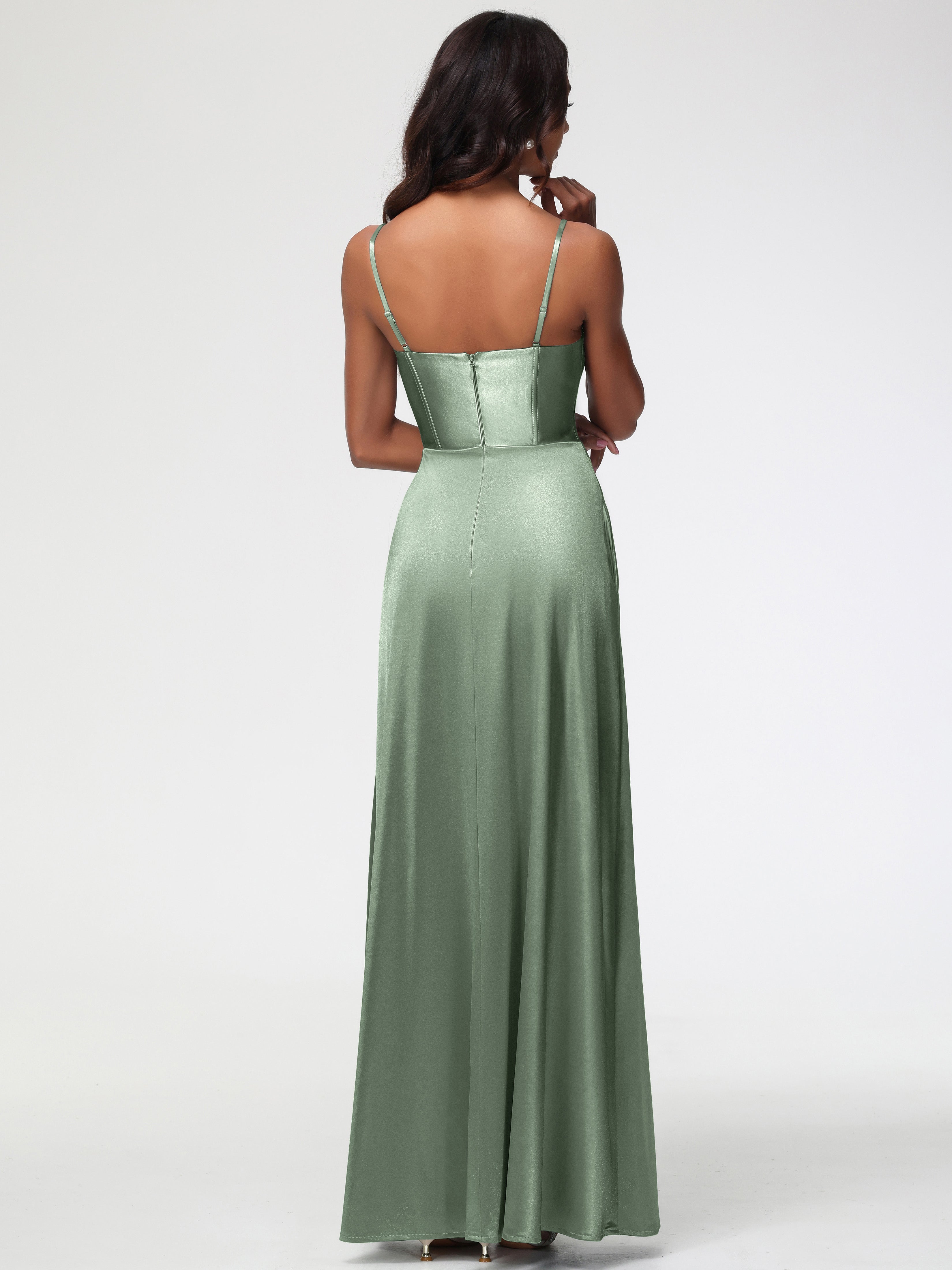 Robes De Demoiselle D'Honneur Couleur Sauge Poussiéreuse Bon Marché Bretelles Spaghetti Trapèze Satin Extensible Fendue Robe De Demoiselle D'Honneur